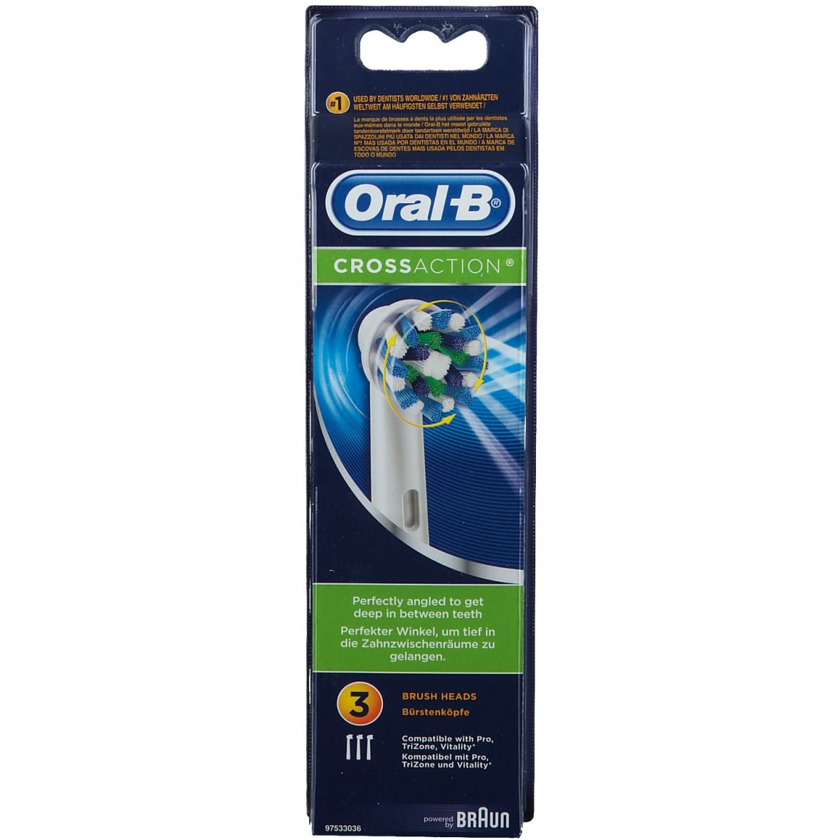 Recharges de brosse à dents Oral-B CrossAction, emballage de 3. Têtes de brosse bleues, vertes et blanches.