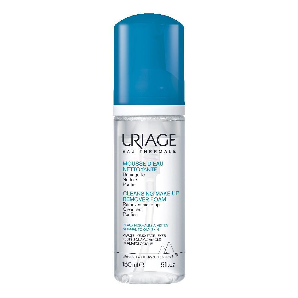 Uriage Reinigungs-Mousse. Flasche mit blauem Deckel. Text: Mousse d'Eau Nettoyante, Cleansing Make-up Remover Foam. 150ml.