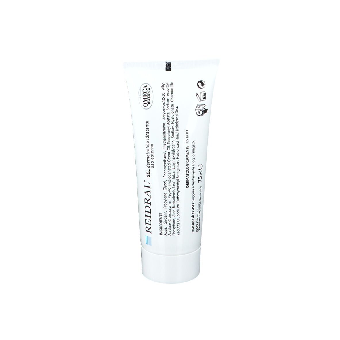 Tube mit Produktaufschrift REIDRAL® Gel. Aufschrift: Gel dermotrofico idratante uso esterno. Inhaltsstoffe und Logo.
