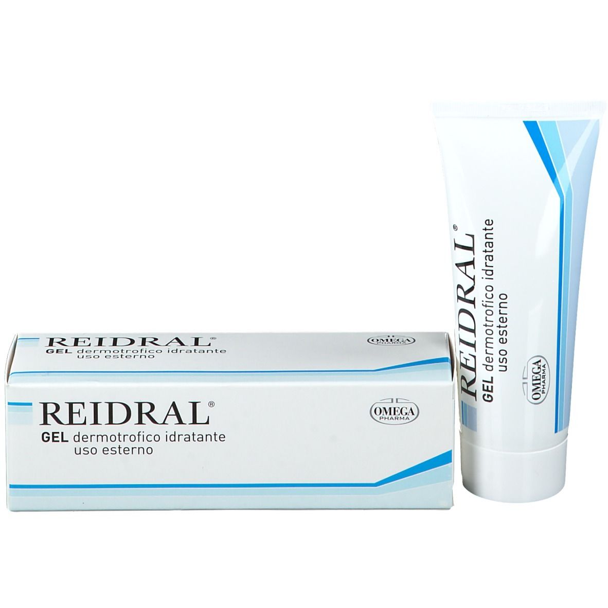 Produkt REIDRAL® Gel und Verpackung. Aufschrift: Gel dermotrofico idratante uso esterno. Logo Omega Pharma.