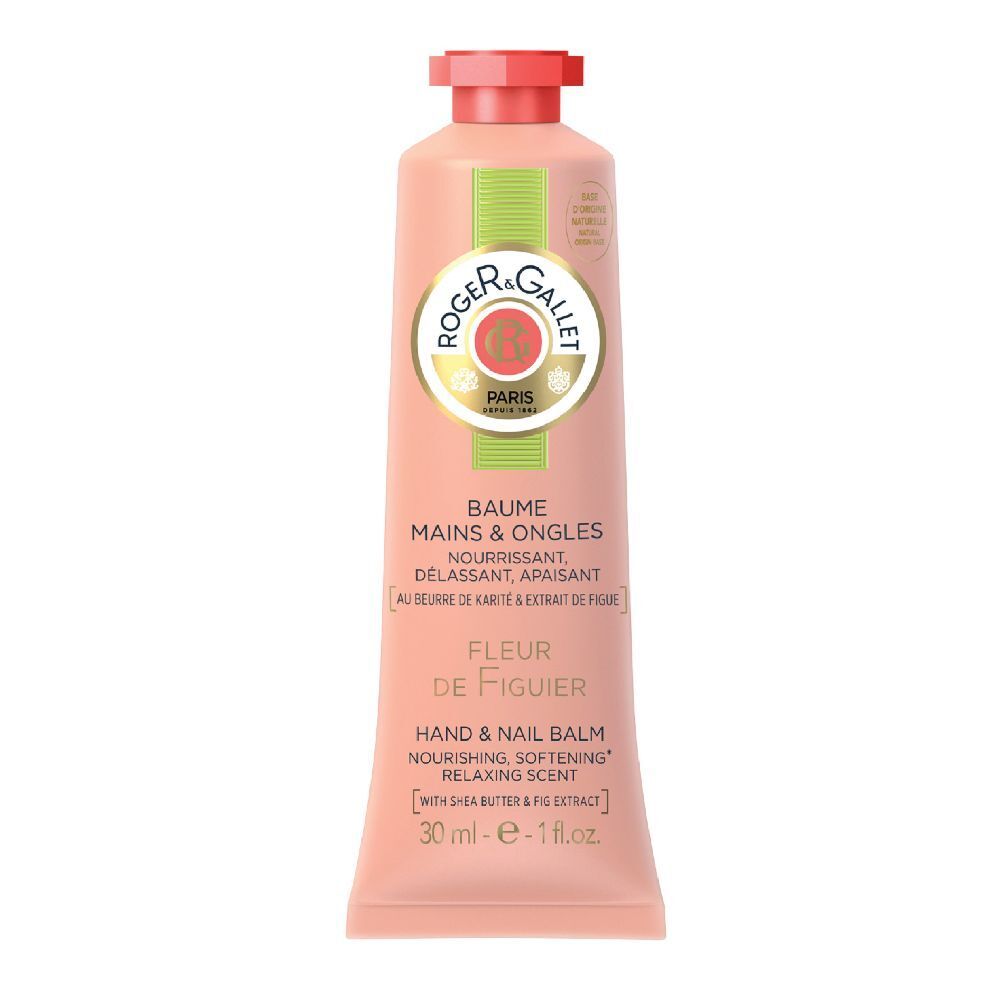 Tube rose avec bouchon rouge. Inscription: Roger & Gallet, Fleur de Figuier. Baume mains & ongles. 30 ml.