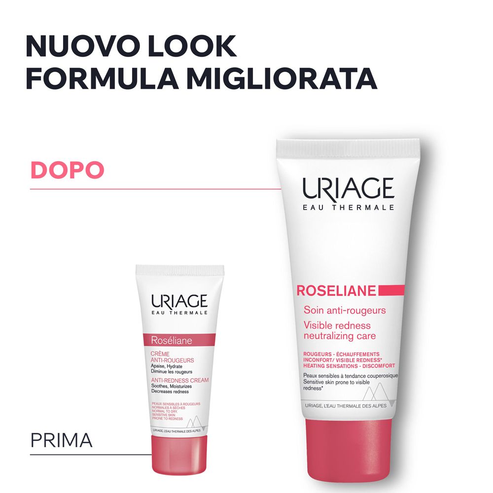 Comparaison: Avant-Après. Petit tube à côté d'un grand tube. Crème URIAGE ROSÉLIANE.