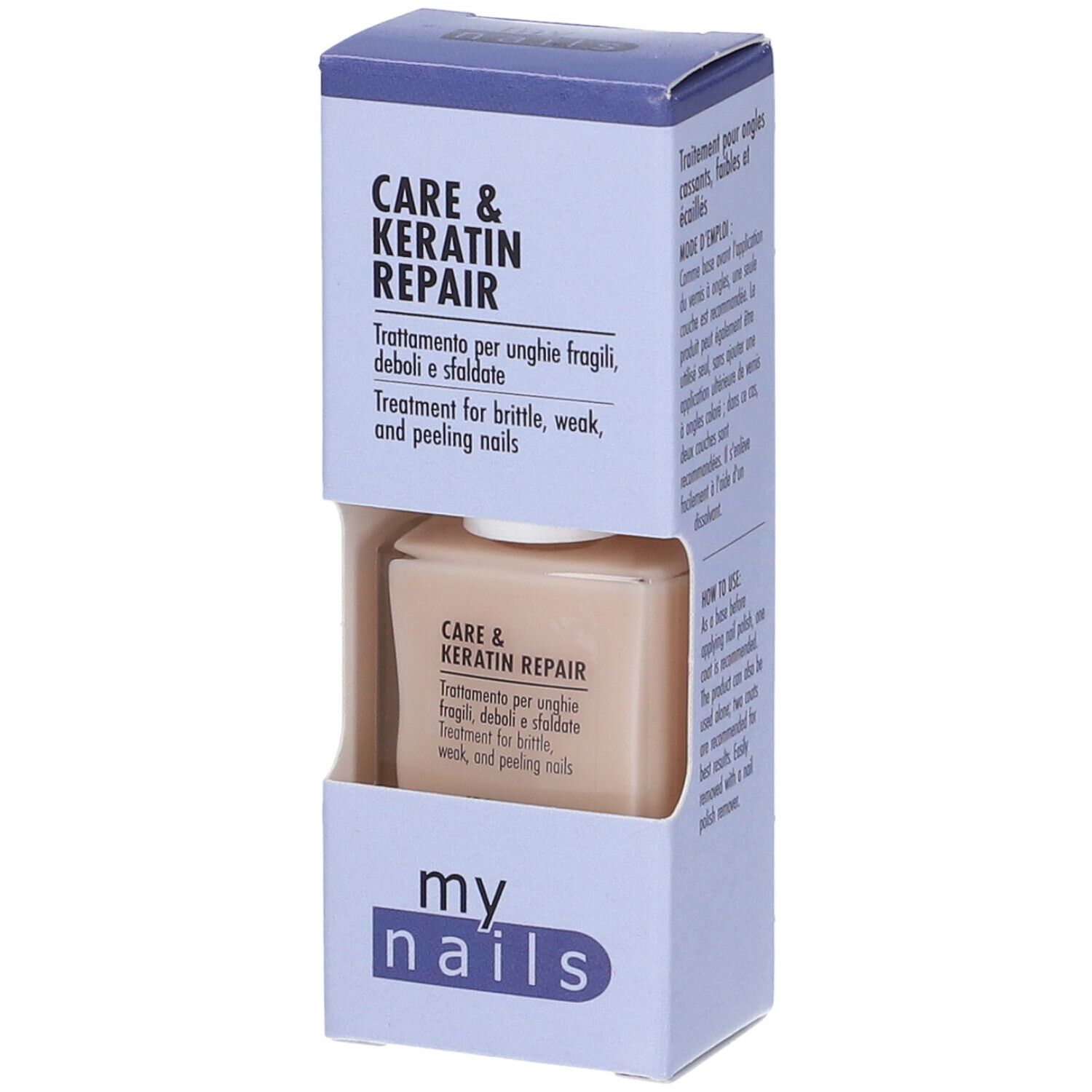 Boîte avec flacon de vernis à ongles. Inscription : Care & Keratin Repair. Pour ongles cassants. Marque : my nails.