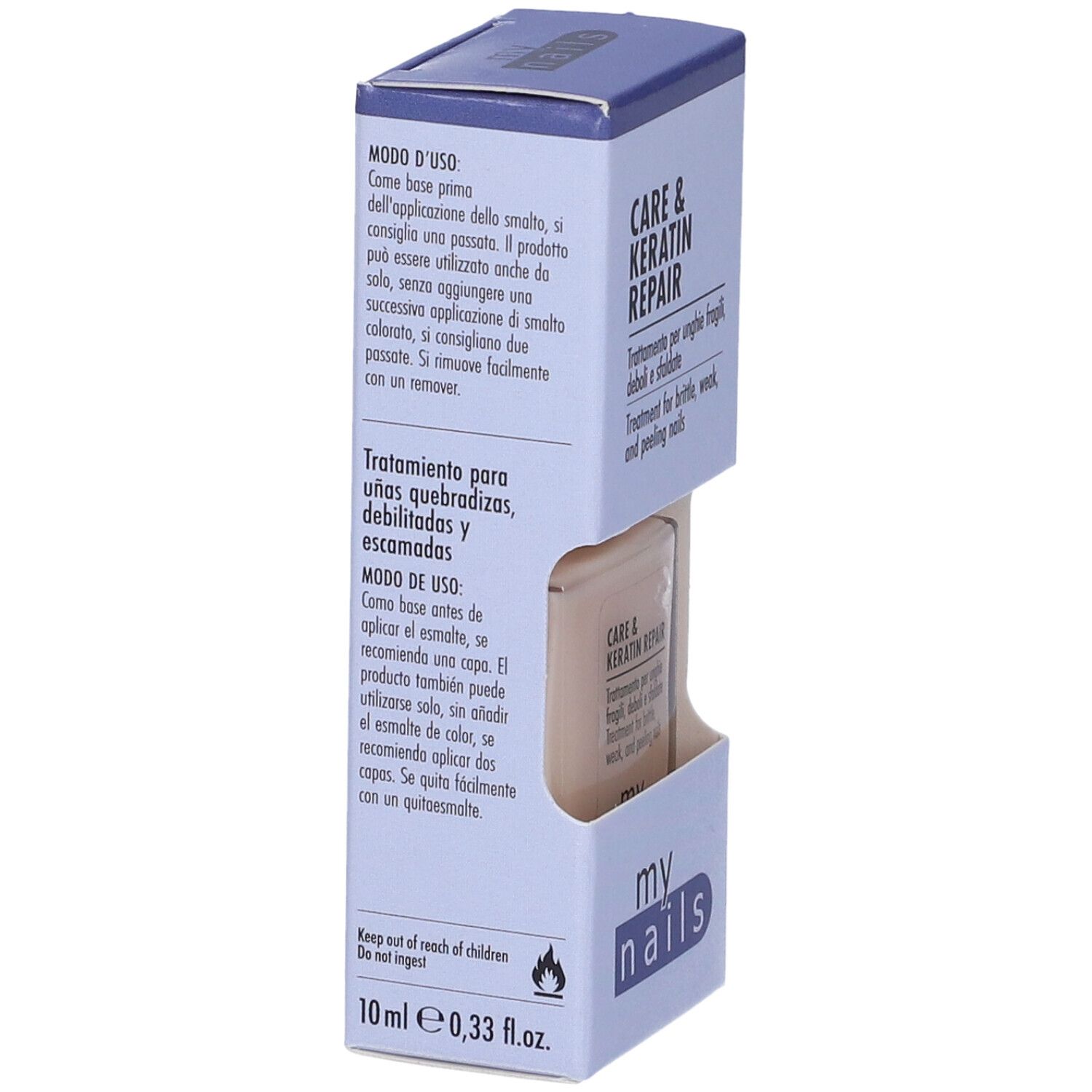 Boîte avec flacon de vernis à ongles. Inscription : Care & Keratin Repair. Pour ongles cassants. Marque : my nails.