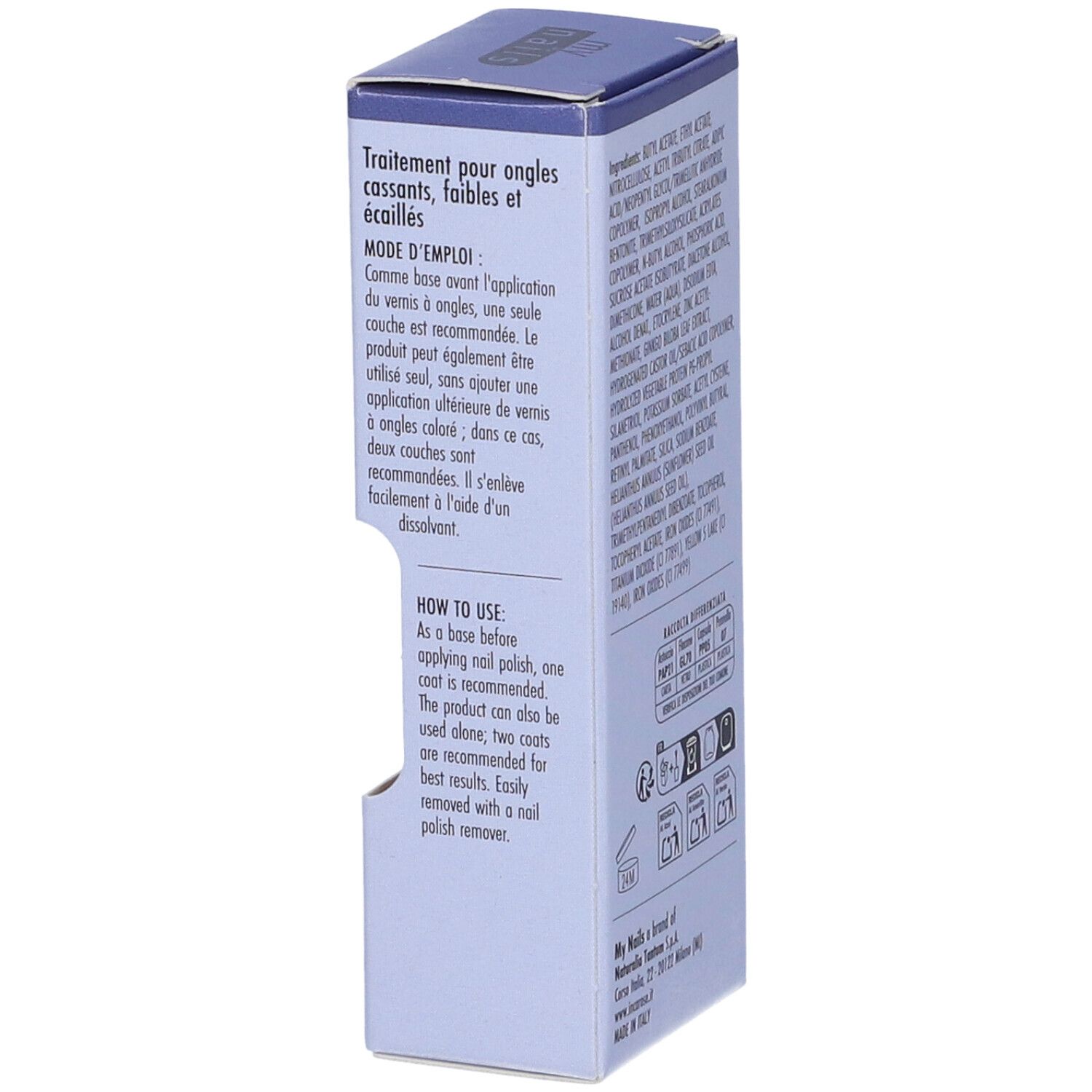 Côté de l'emballage avec mode d'emploi. Marque : my nails. Volume : 10 ml.