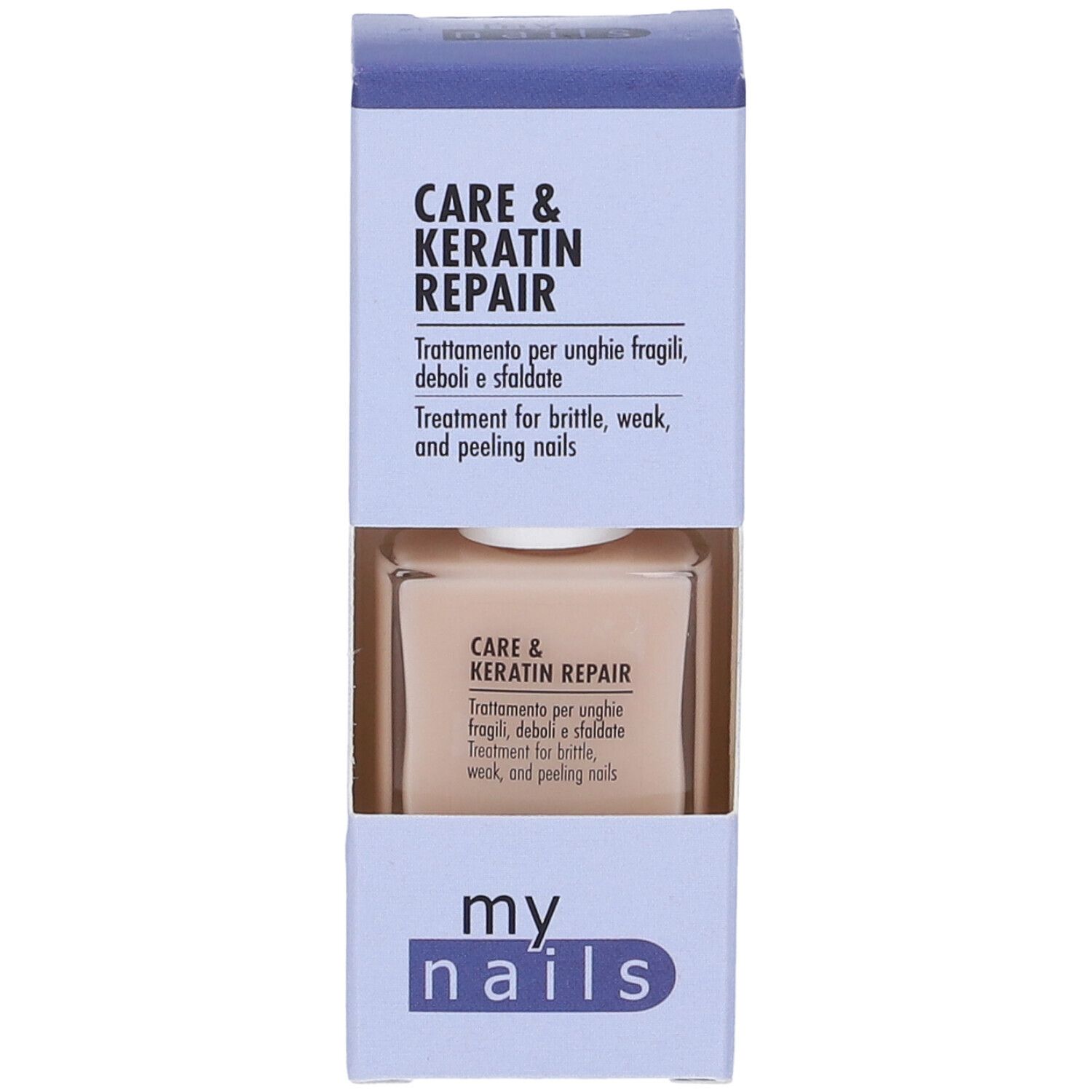 Boîte avec flacon de vernis à ongles. Inscription : Care & Keratin Repair. Pour ongles cassants. Marque : my nails.