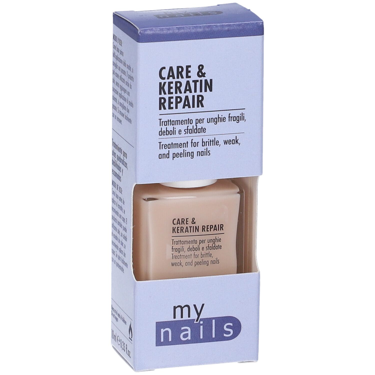 Boîte avec flacon de vernis à ongles. Inscription : Care & Keratin Repair. Pour ongles cassants. Marque : my nails.