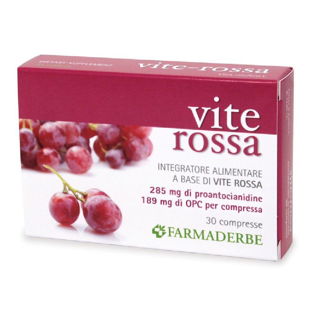 Verpackung mit der Aufschrift "vite rossa". Abbildung von roten Trauben. Text: "Integratore alimentare".