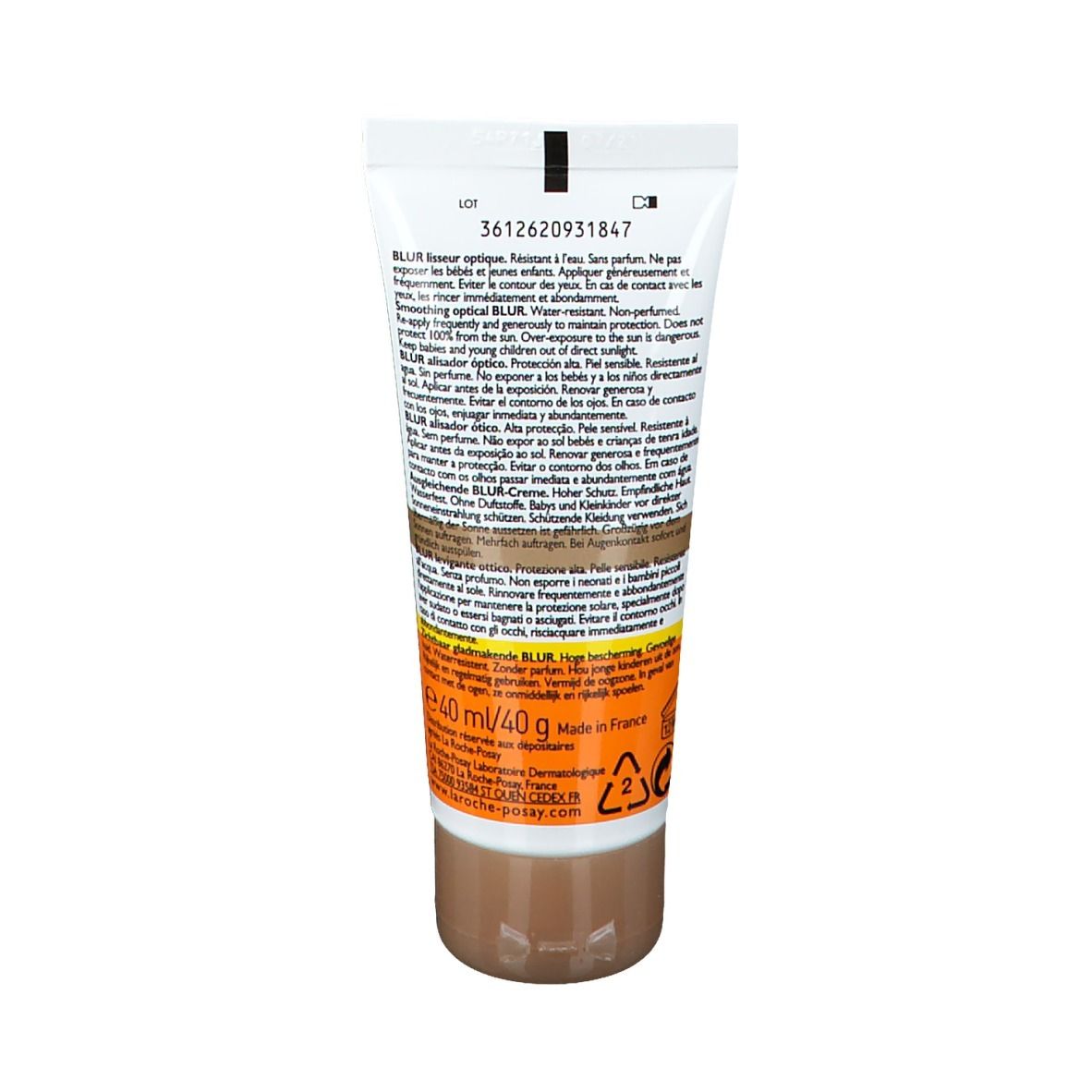 Dos du tube. Texte multilingue. Inscription: 40 ml/40 g, Made in France. Bouchon marron.