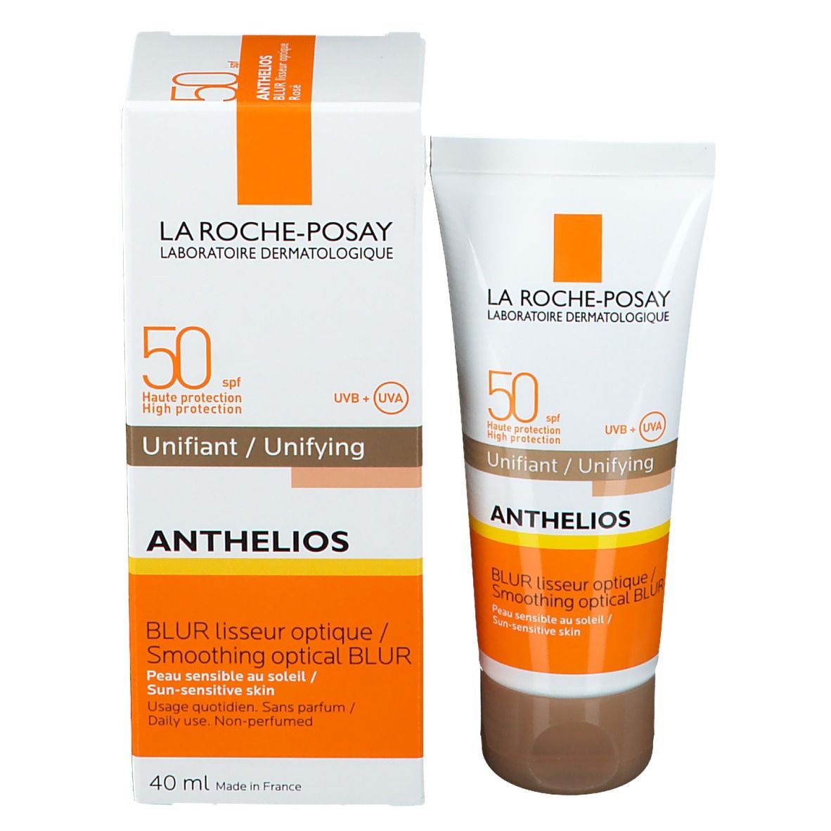 Produit et emballage. Tube et boîte blancs. Inscription: La Roche-Posay, Anthelios, SPF 50+, Unifiant/Unifying, Blur. 40 ml.