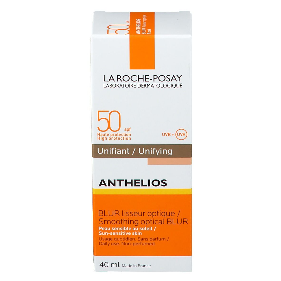 Boîte blanche. Inscription: La Roche-Posay, Anthelios, SPF 50+, Unifiant/Unifying, Blur. 40 ml. Bande jaune-orange.
