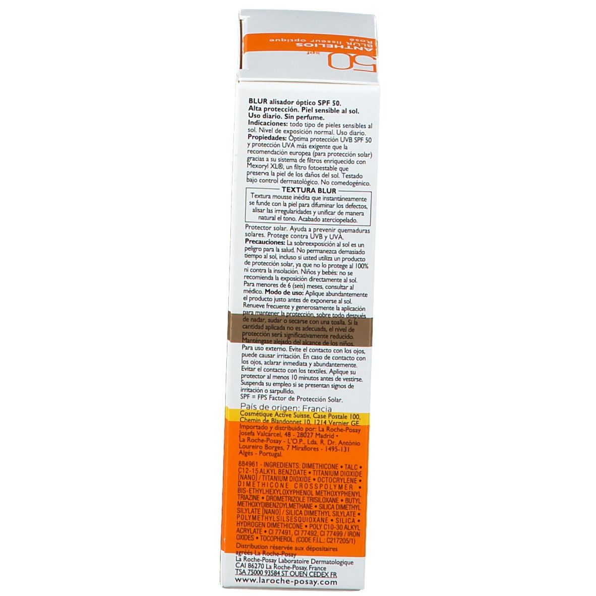 Dos de la boîte. Texte multilingue. Inscription: 40 ml/40 g. Bande jaune-orange.