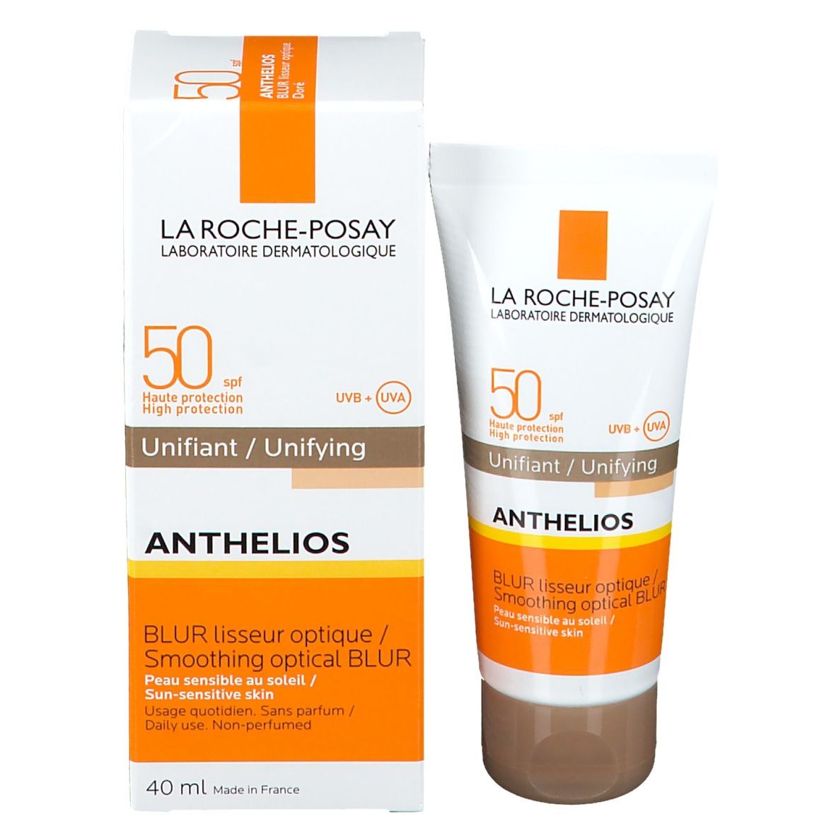 Emballage et tube du produit. Marque La Roche-Posay. Nom Anthelios. SPF 50. Teinte Unifiant. Bouchon marron.