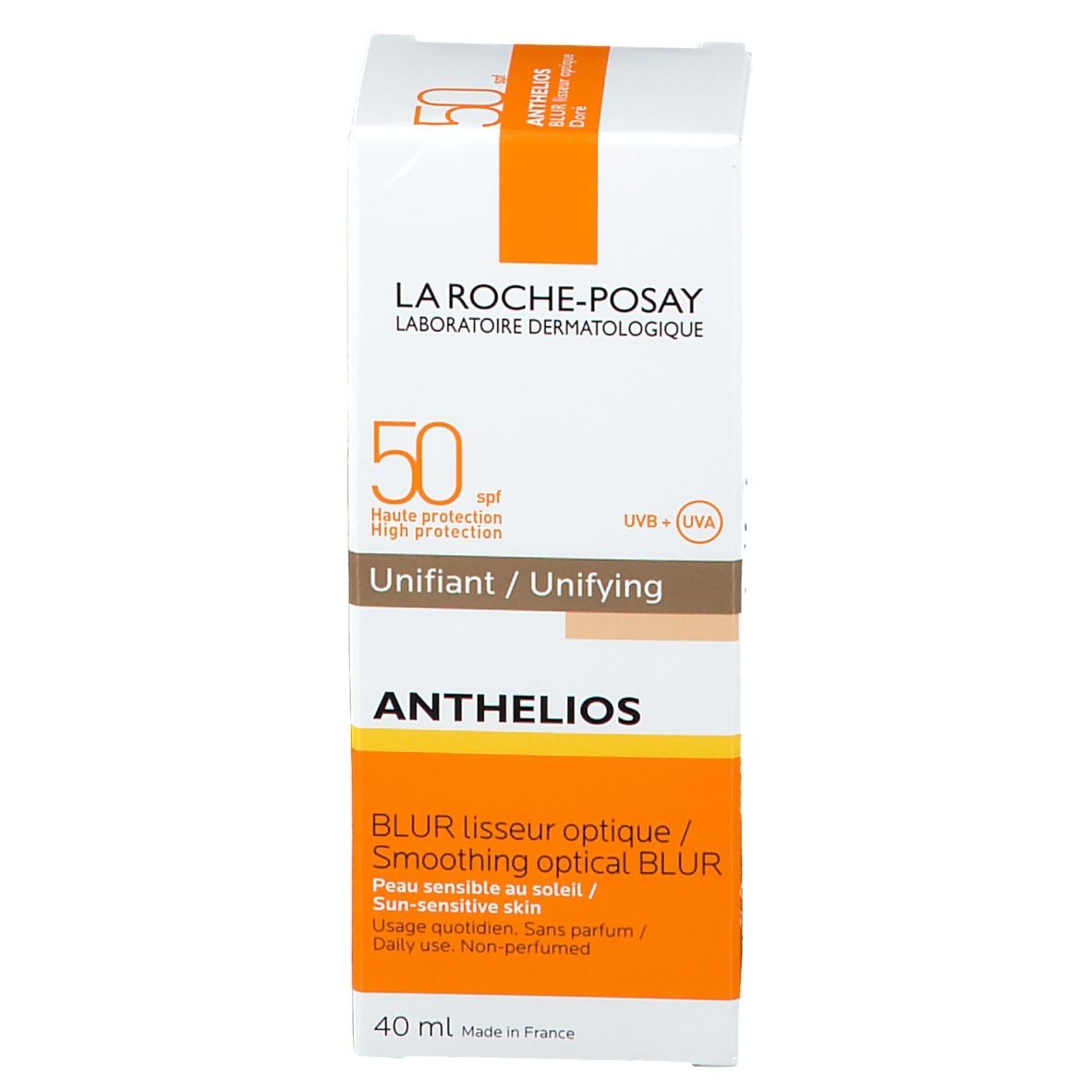 Emballage du produit. Marque La Roche-Posay. Nom Anthelios. SPF 50. Teinte Unifiant. Texte.