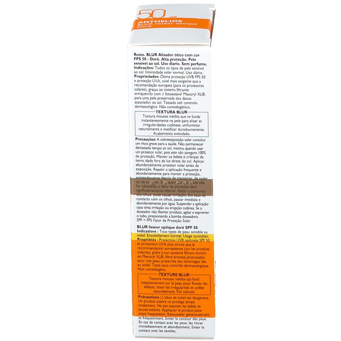Emballage du produit, côté. Marque La Roche-Posay. Nom Anthelios. SPF 50. Texte et informations.