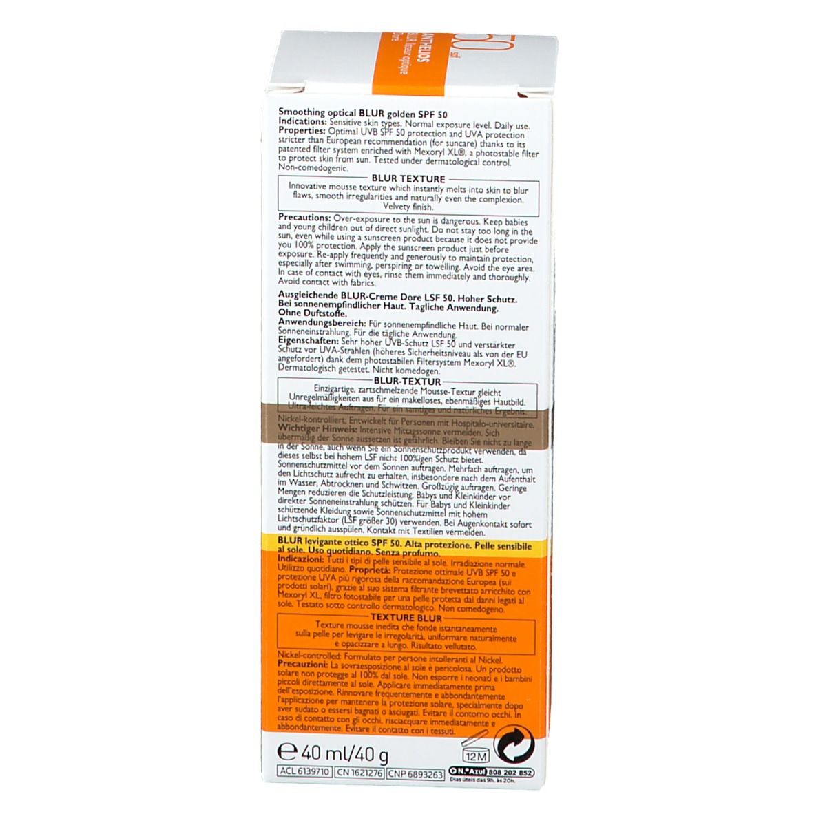 Emballage du produit, côté. Marque La Roche-Posay. Nom Anthelios. SPF 50. Texte et informations.