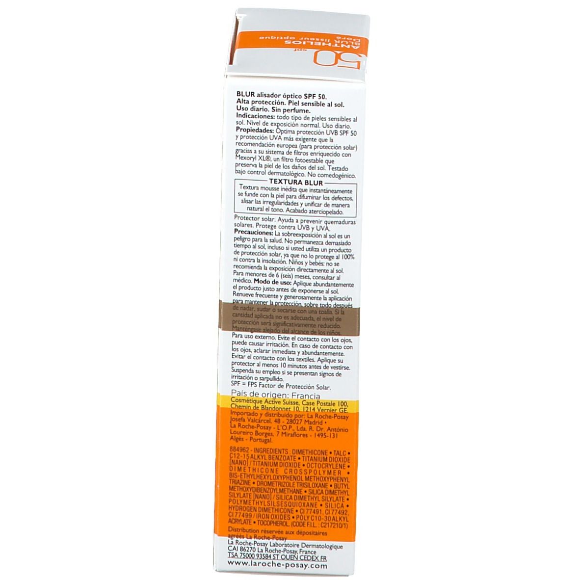 Emballage du produit, côté. Marque La Roche-Posay. Nom Anthelios. SPF 50. Texte et informations.
