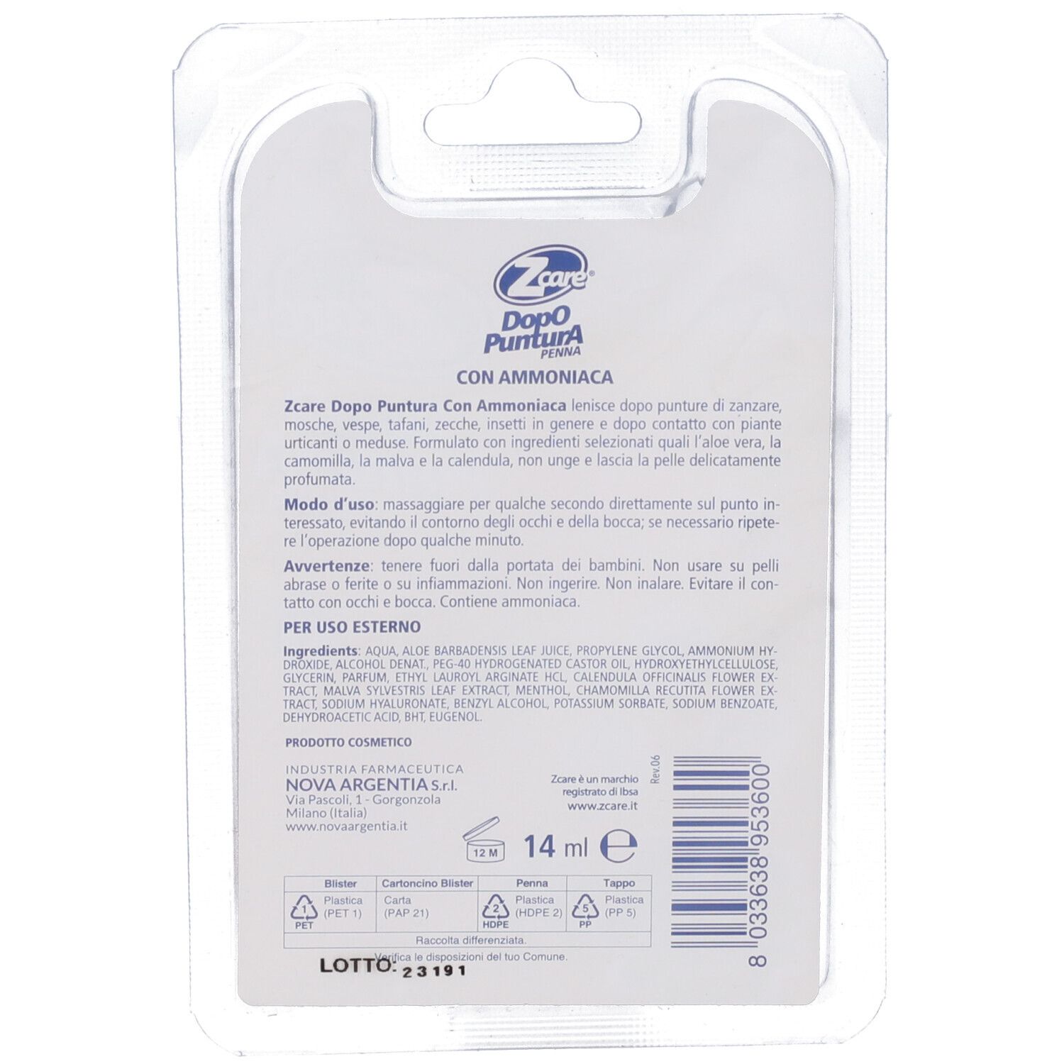 Rückseite der Zcare After Sting mit Ammoniak Verpackung. Text und Inhaltsstoffe. 14 ml.