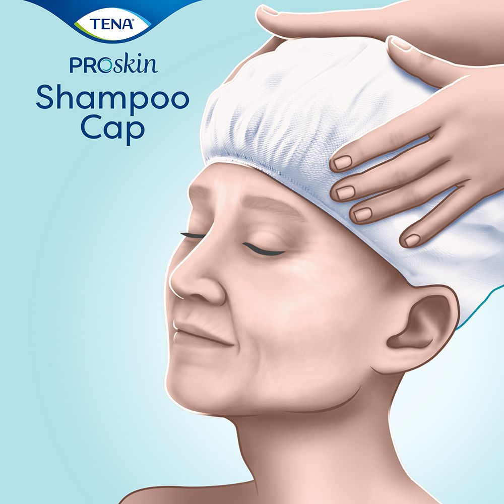 Personne aux yeux fermés recevant un bonnet de shampooing. Mains tenant le bonnet. Texte : ProSkin Shampoo Cap.