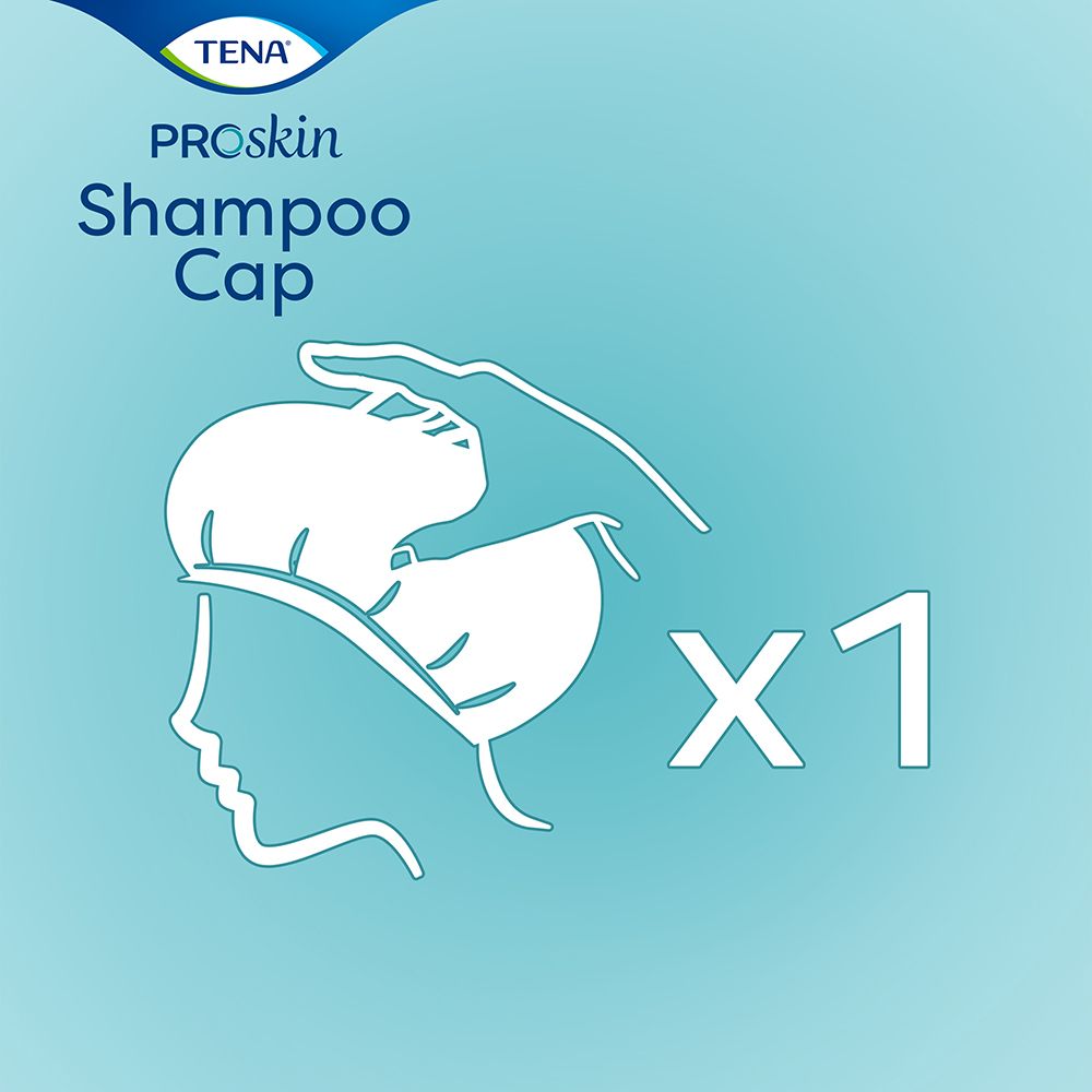 Silhouette d'une personne avec un bonnet de shampooing. Texte : ProSkin Shampoo Cap. Texte : x1.