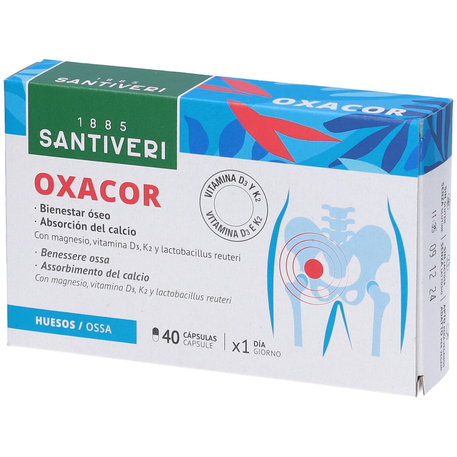 Boîte OXACOR K2. Emballage vert et blanc avec nom et logo du produit. Contient 40 gélules. Illustration du squelette humain.
