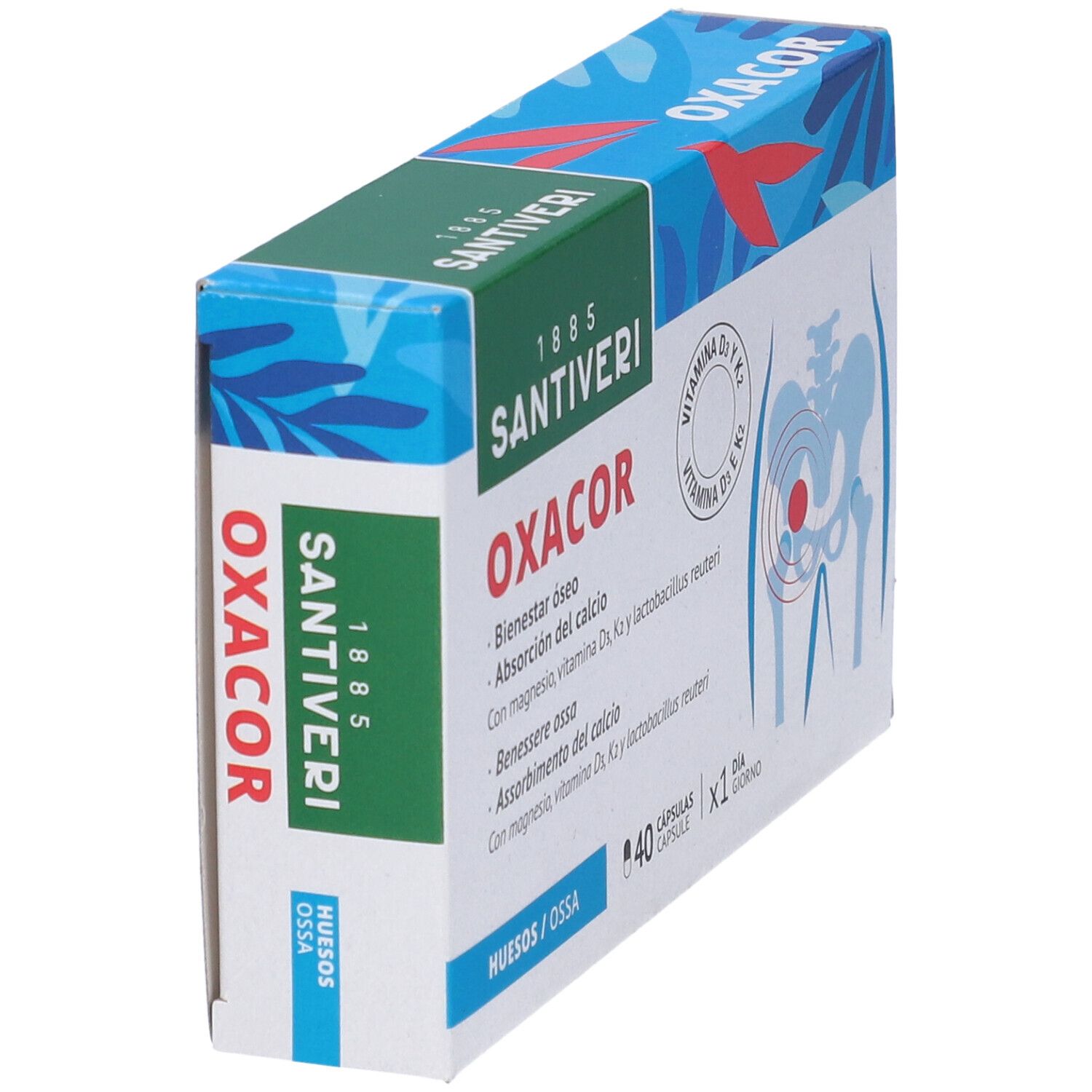 Emballage OXACOR K2 en biais. Boîte verte et blanche avec nom et logo du produit. Contient 40 gélules. Illustration du squelette humain.