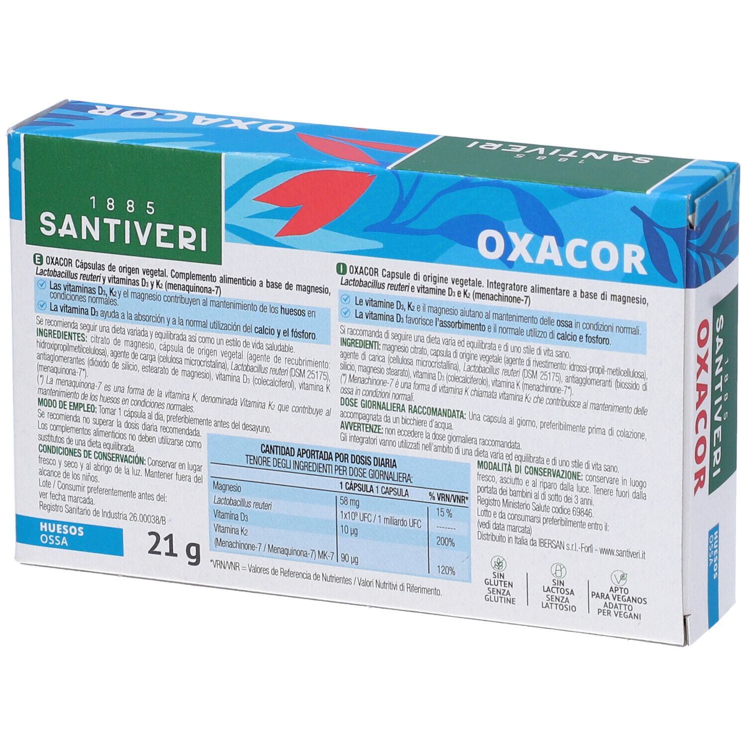 Dos de l'emballage OXACOR K2. Contient des informations sur les ingrédients, la valeur nutritionnelle et le mode d'emploi. Sans gluten, sans lactose, végétalien.