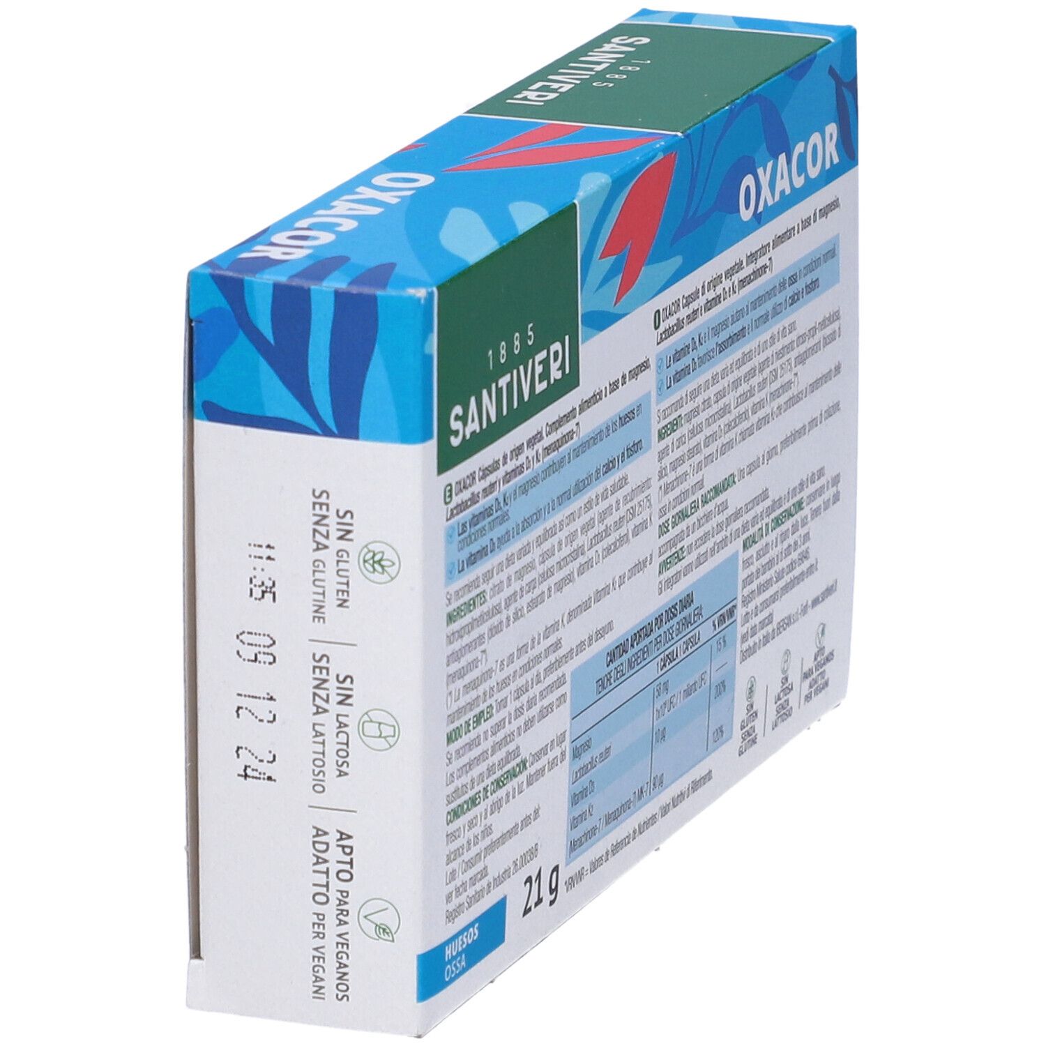 Emballage OXACOR K2 en biais. Contient des informations sur les ingrédients, la valeur nutritionnelle et le mode d'emploi. Sans gluten, sans lactose, végétalien.