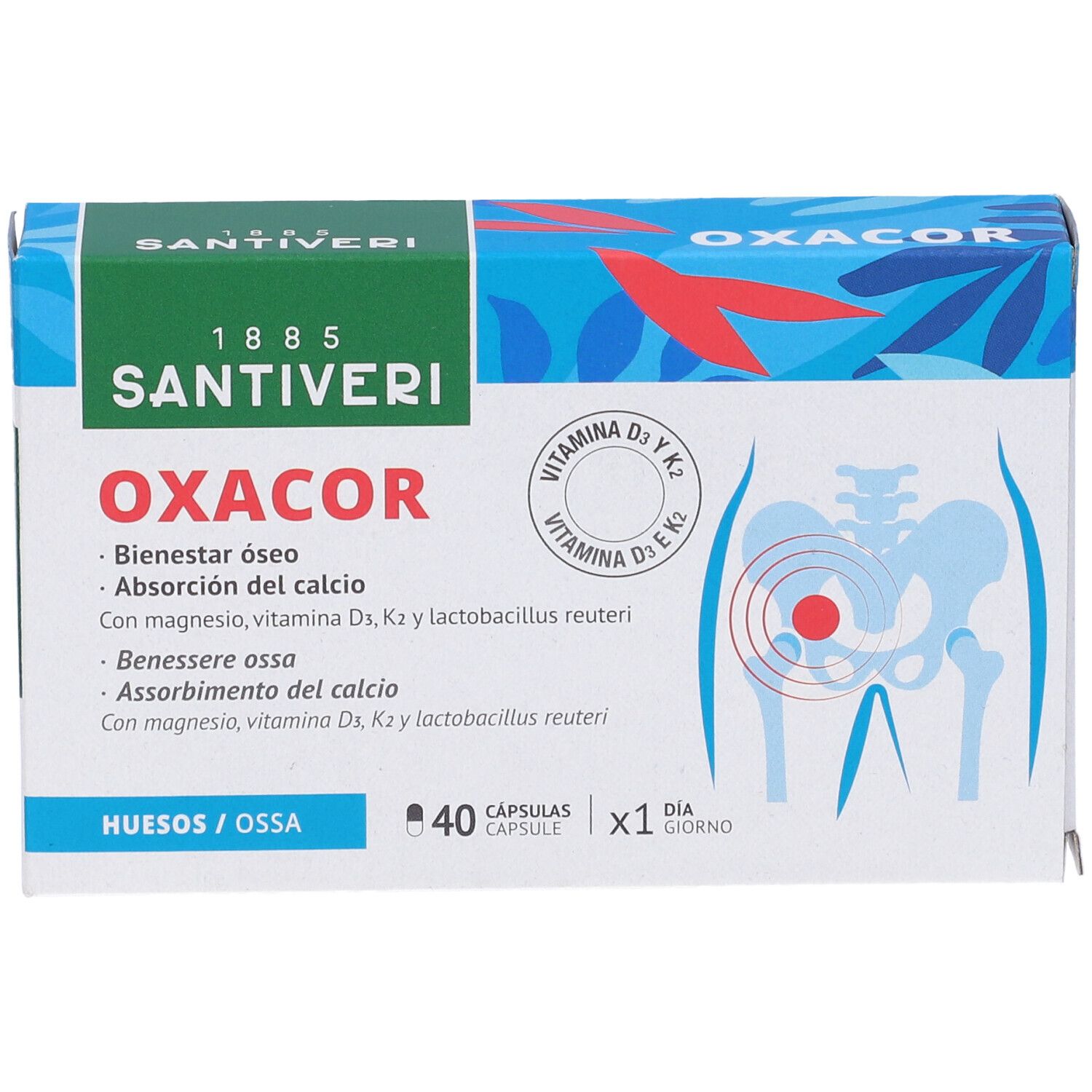 Emballage OXACOR K2. Boîte verte et blanche avec nom et logo du produit. Contient 40 gélules. Illustration du squelette humain.