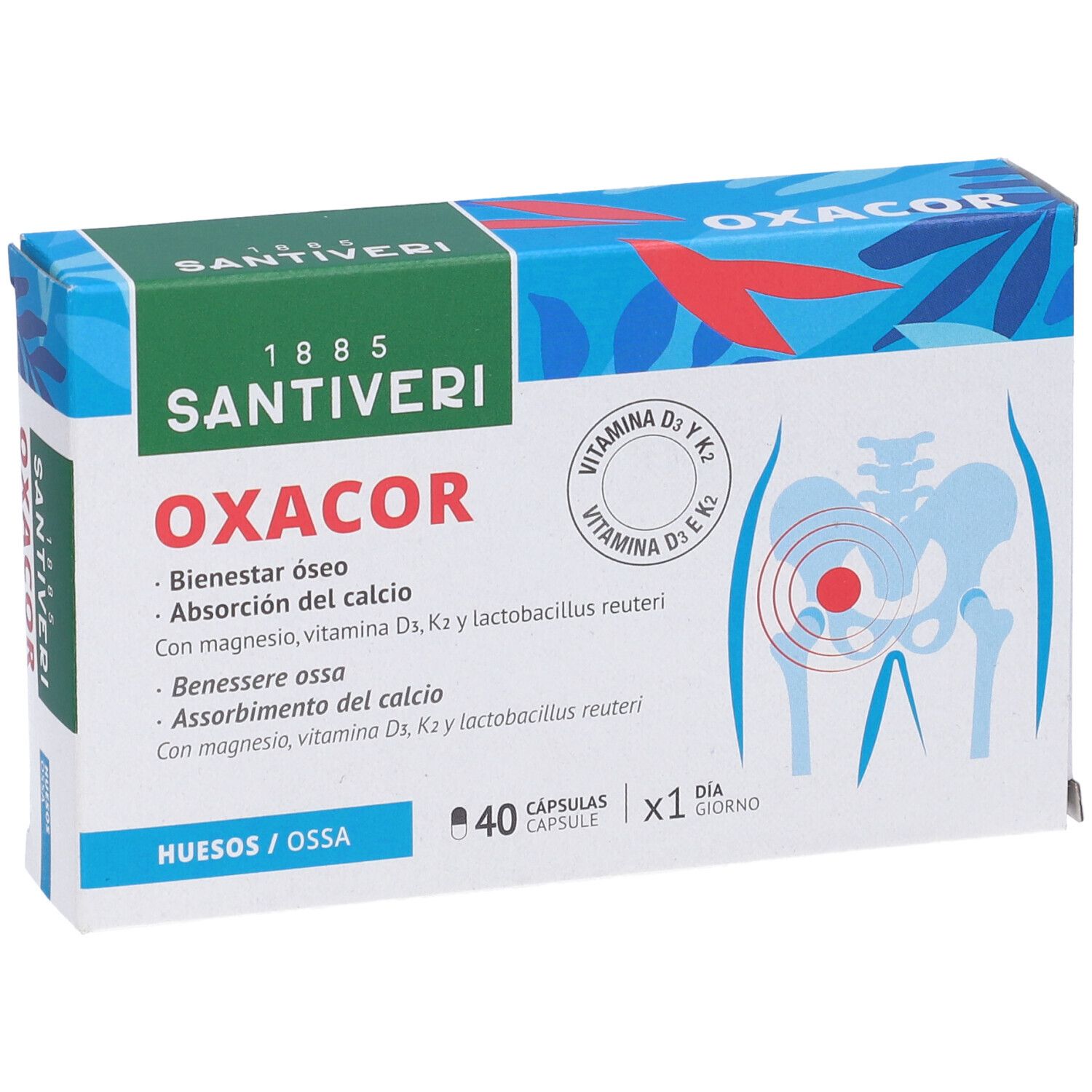 Emballage OXACOR K2. Boîte verte et blanche avec nom et logo du produit. Contient 40 gélules. Illustration du squelette humain.