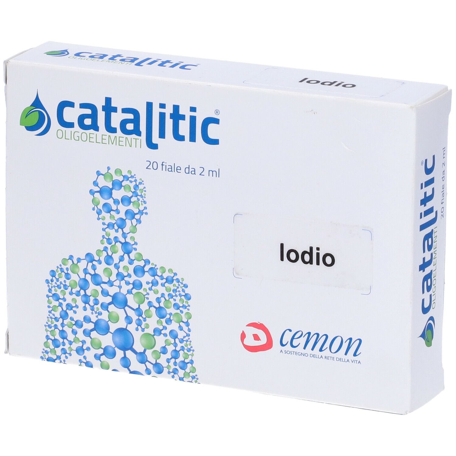 Katalitische Spurenelemente Jod I. Weiße Schachtel mit Produktlogo und Text. 20 Fläschchen, 2 ml.