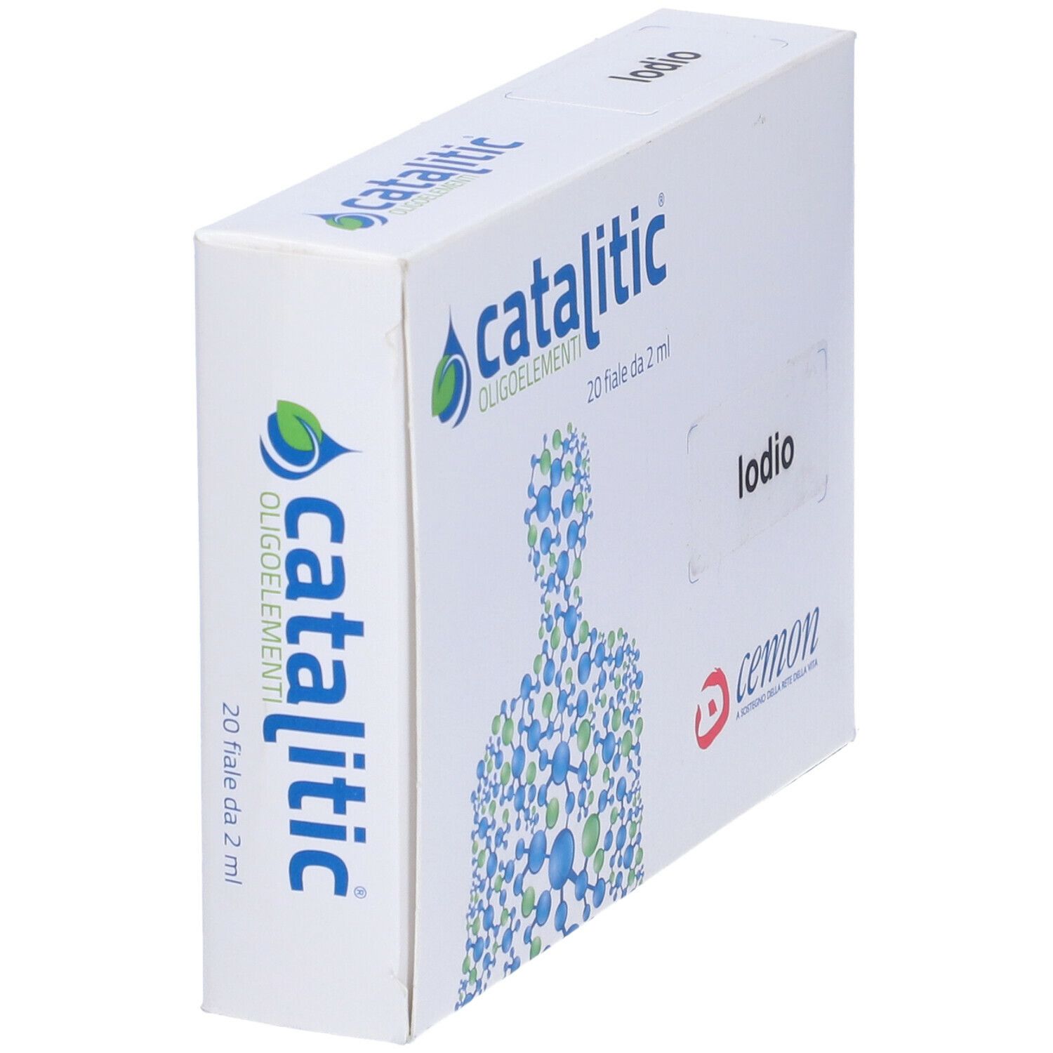 Katalitische Spurenelemente Jod I. Weiße Schachtel, schräg. Produktlogo und Text. 20 Fläschchen, 2 ml.