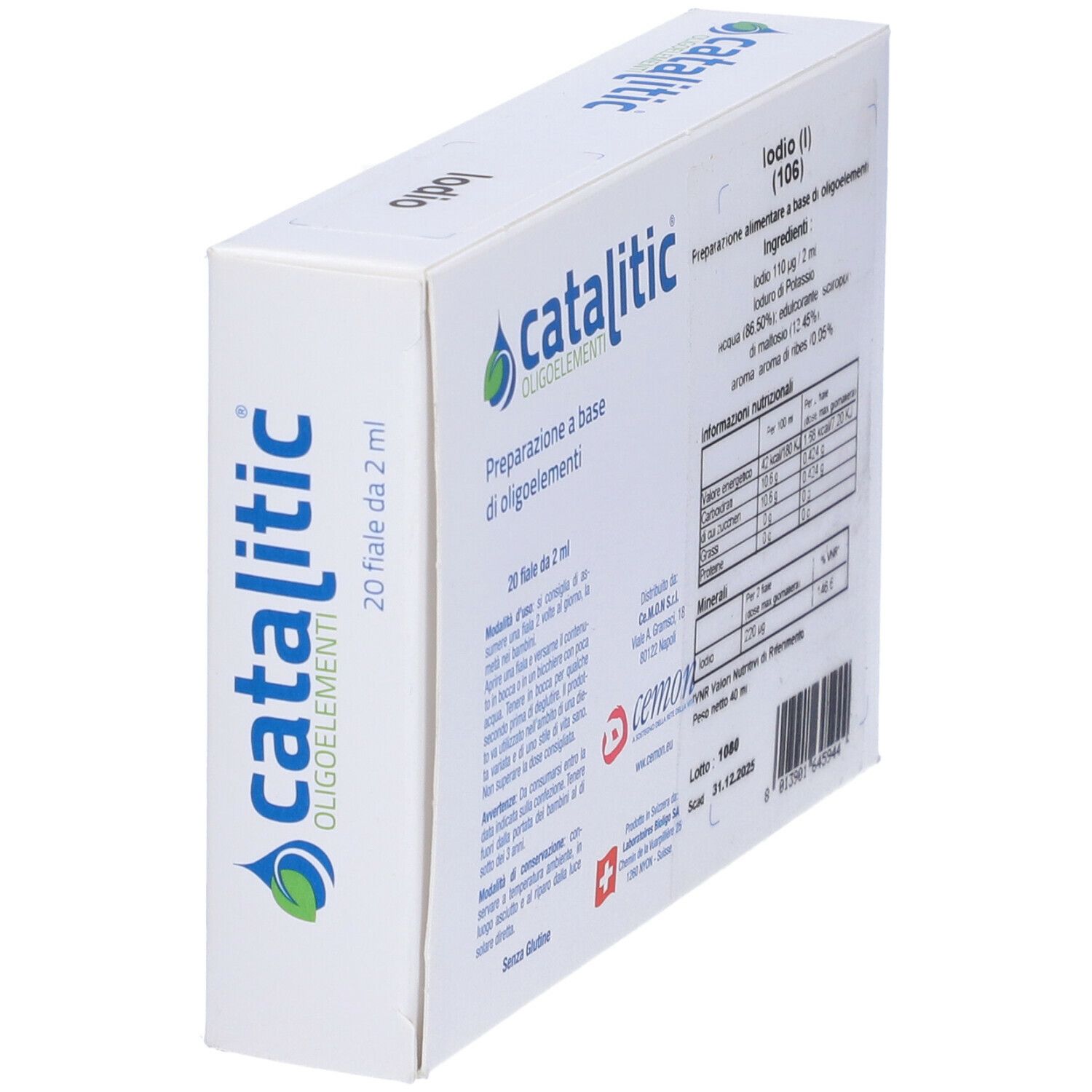 Katalitische Spurenelemente Jod I. Weiße Schachtel, schräg mit Text und Nährwertangaben. 20 Fläschchen, 2 ml.