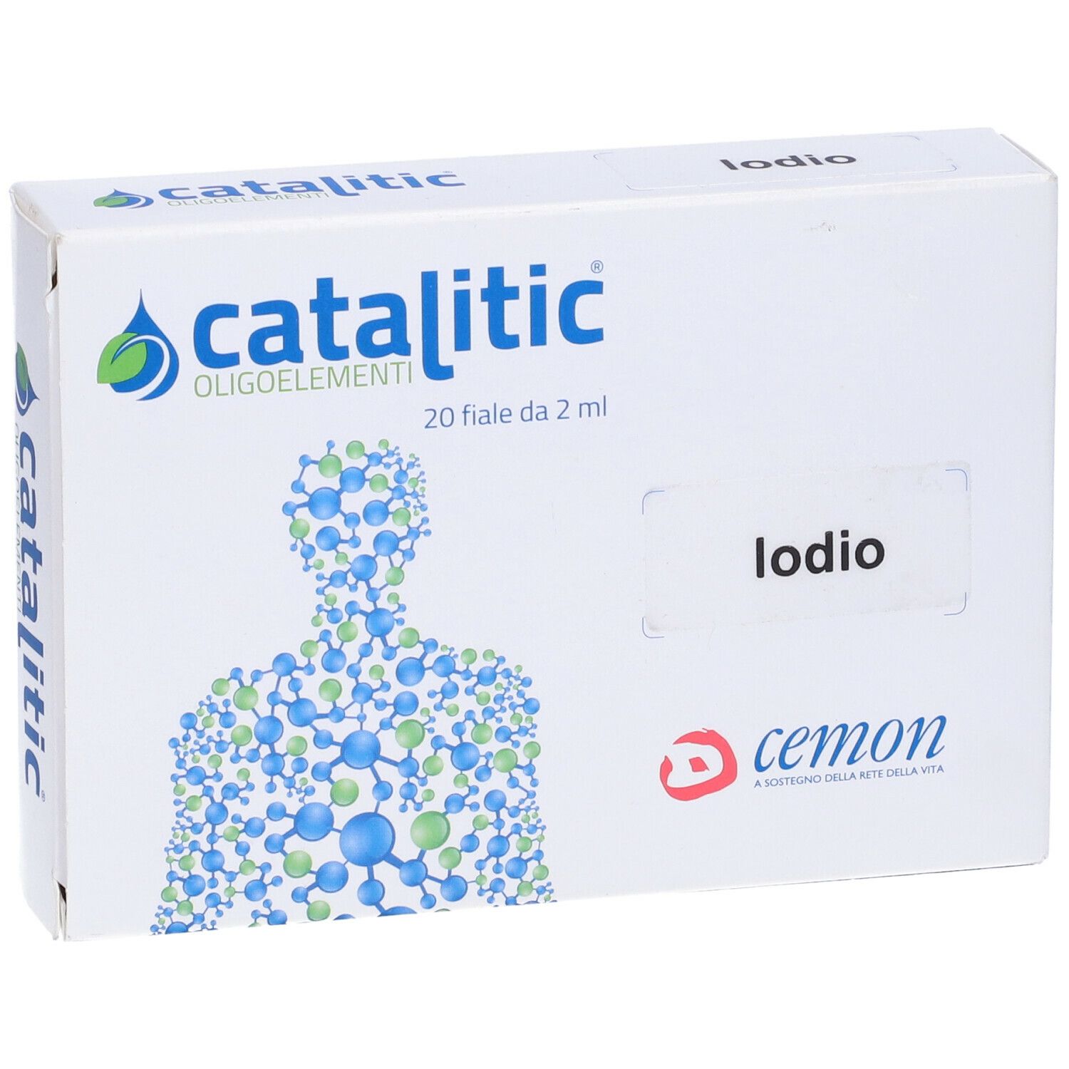 Katalitische Spurenelemente Jod I. Weiße Schachtel mit Produktlogo und Text. 20 Fläschchen, 2 ml.