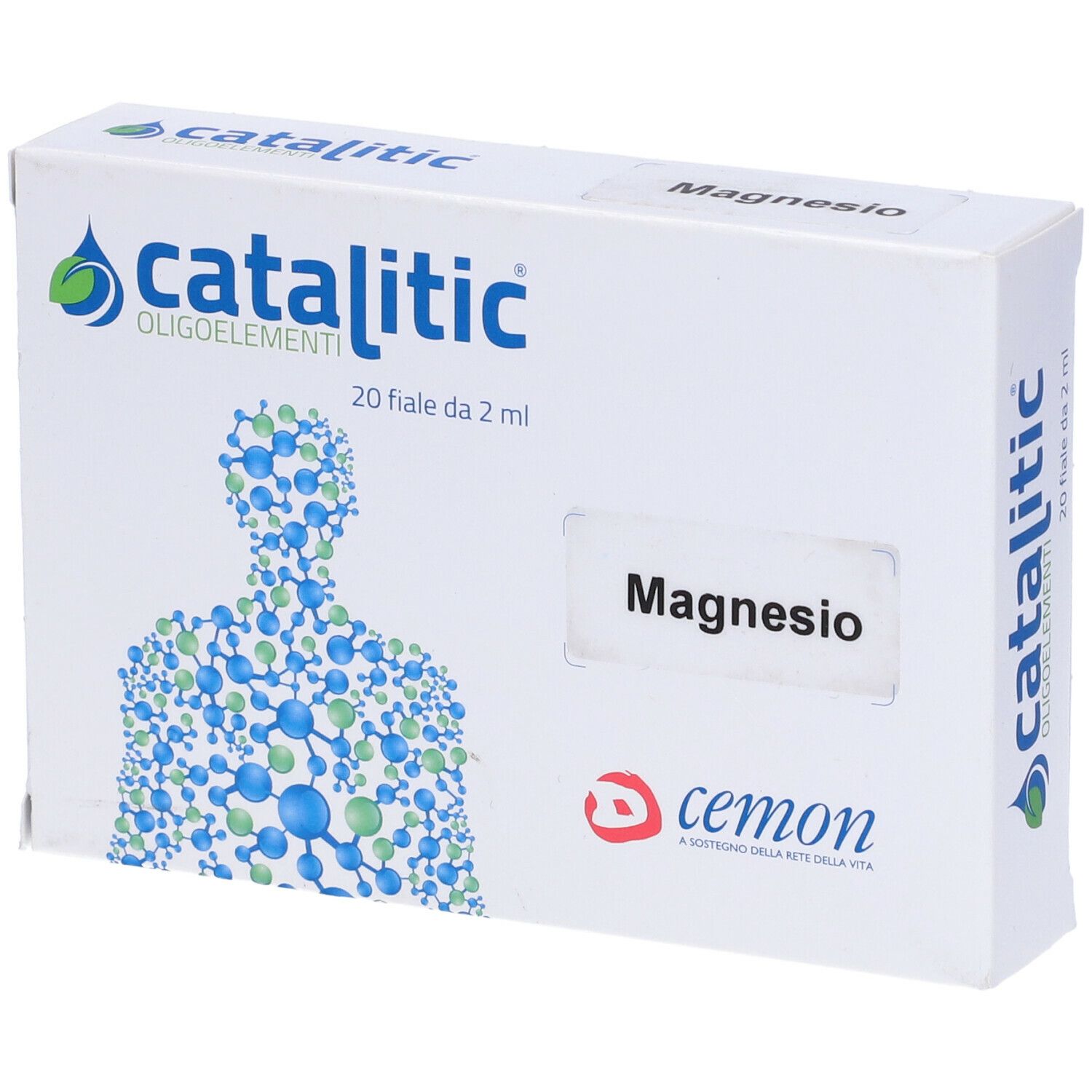 Katalitische Spurenelemente Magnesium Mg, Schachtel mit 20 Ampullen. Aufdruck: catalitic, Oligoelemente, Magnesio.