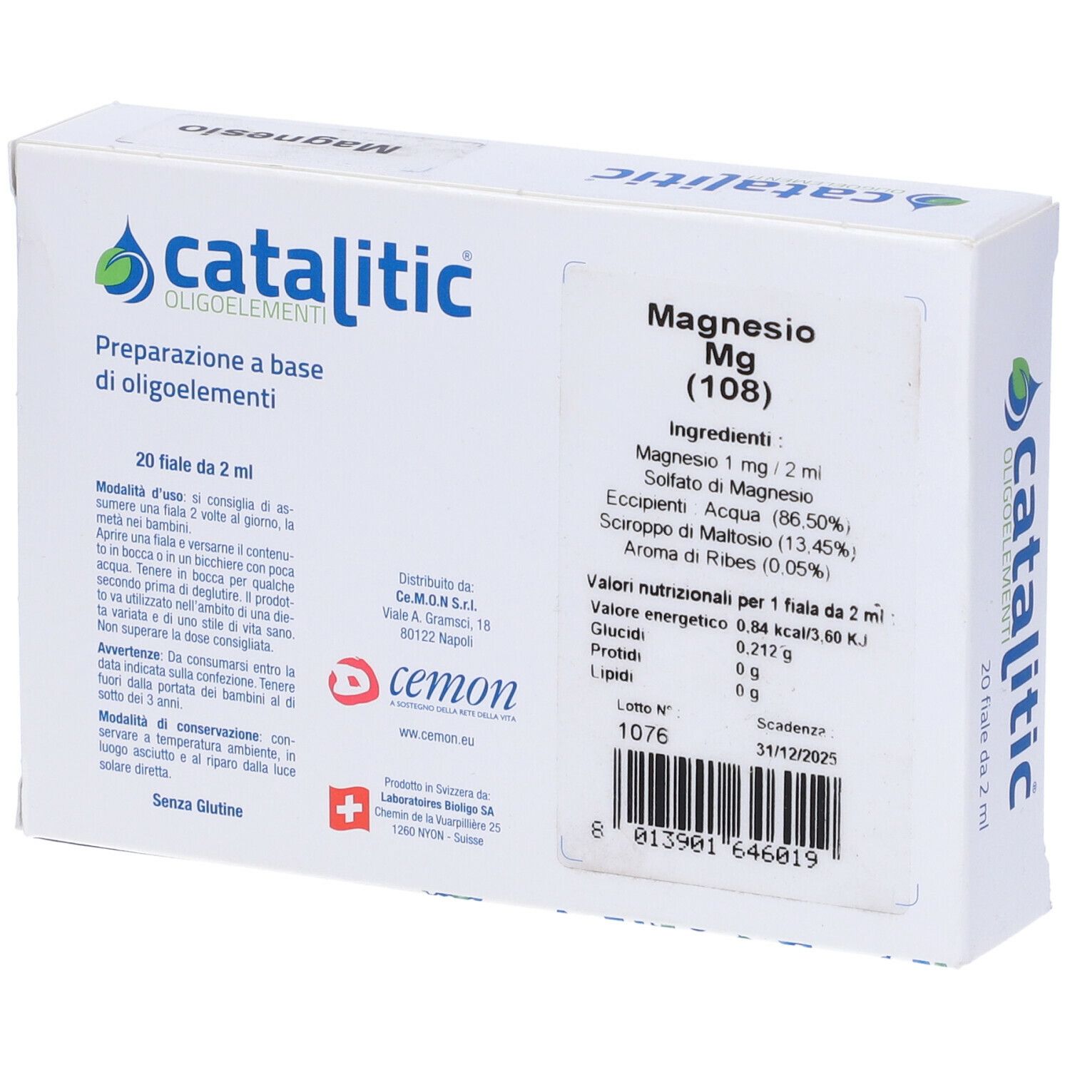 Katalitische Spurenelemente Magnesium Mg, Schachtel mit 20 Ampullen. Aufdruck: catalitic, Oligoelemente, Magnesio.