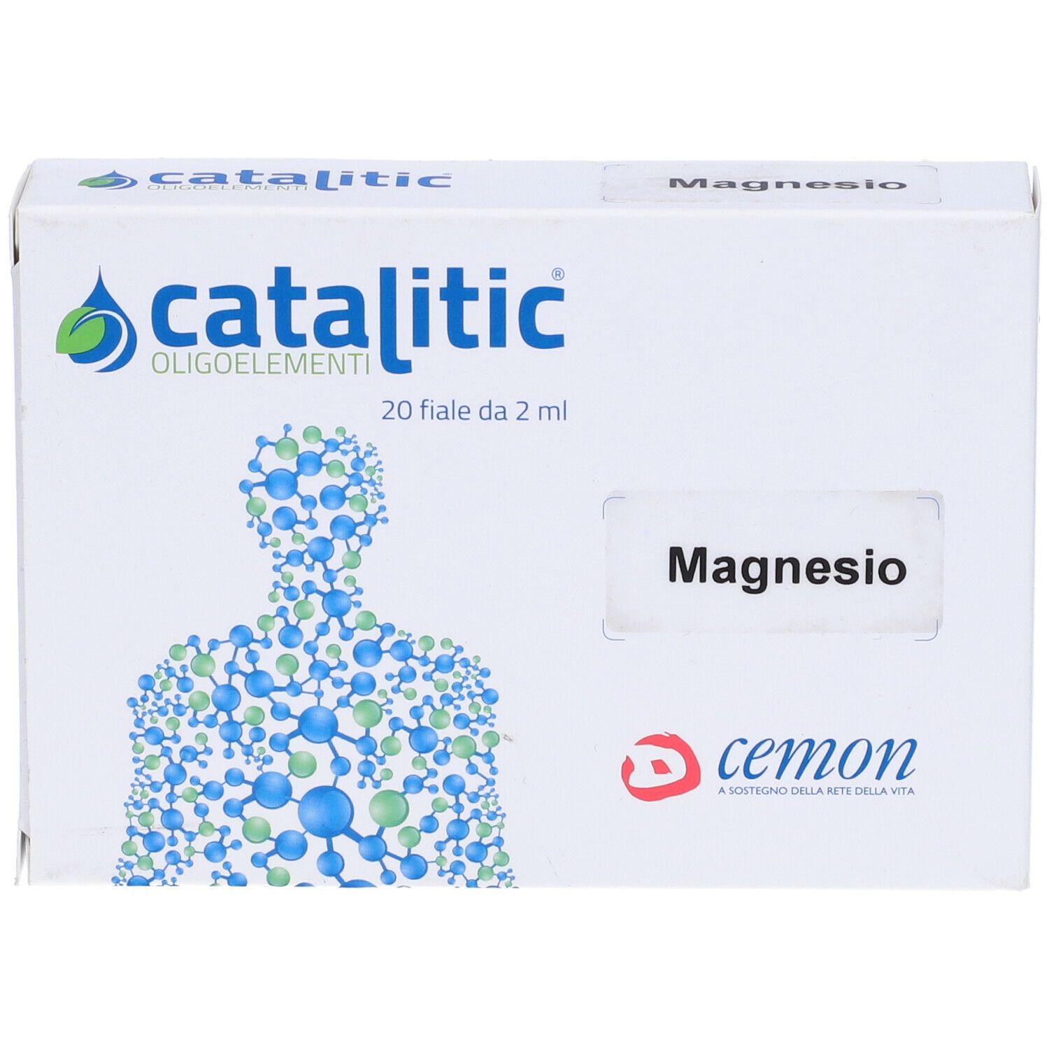 Katalitische Spurenelemente Magnesium Mg, Schachtel mit 20 Ampullen. Aufdruck: catalitic, Oligoelemente, Magnesio.