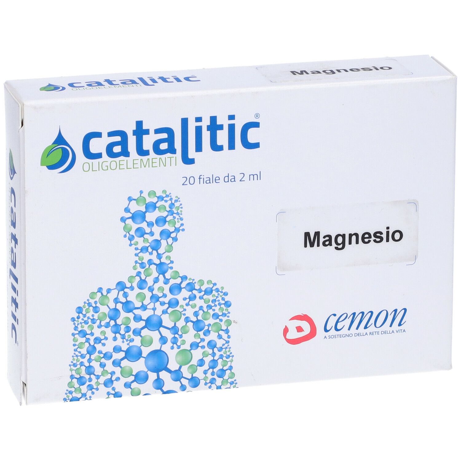 Katalitische Spurenelemente Magnesium Mg, Schachtel mit 20 Ampullen. Aufdruck: catalitic, Oligoelemente, Magnesio.