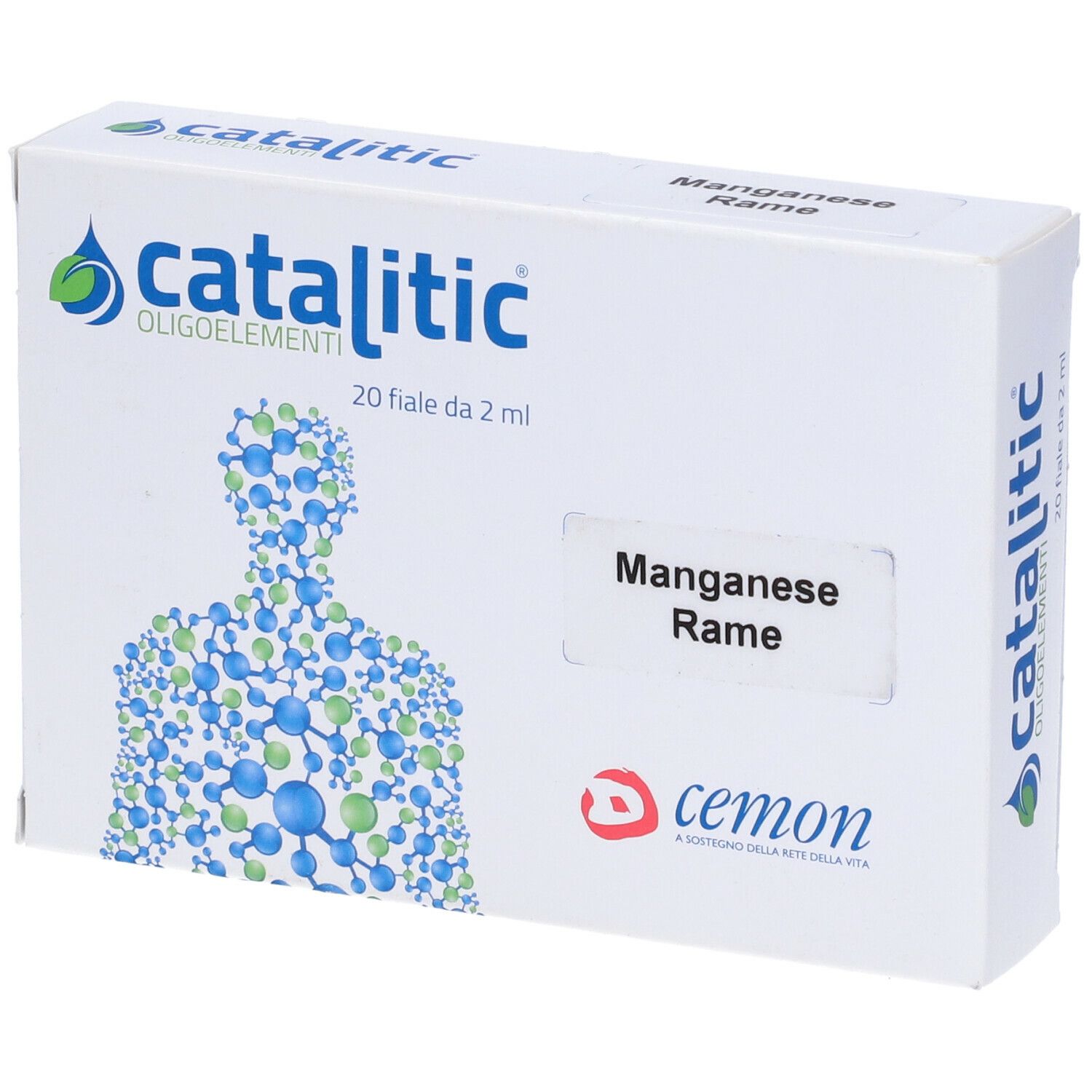 Weiße Schachtel mit "catalitic"-Logo und "Mangan Kupfer". Enthält 20 Fläschchen. Marke: cemon.