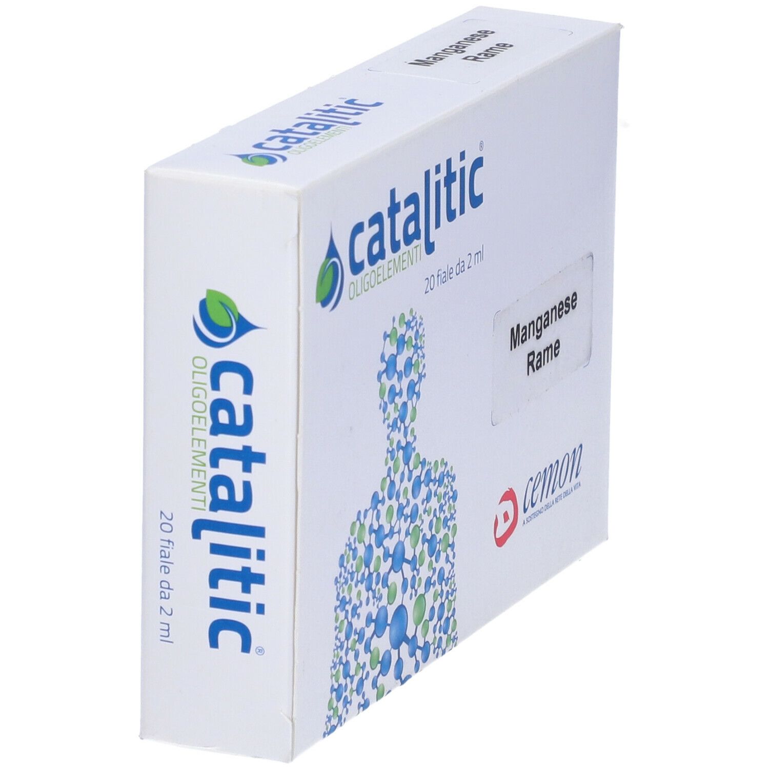 Weiße Schachtel, "catalitic"-Logo und "Mangan Kupfer". Enthält 20 Fläschchen. Marke: cemon.