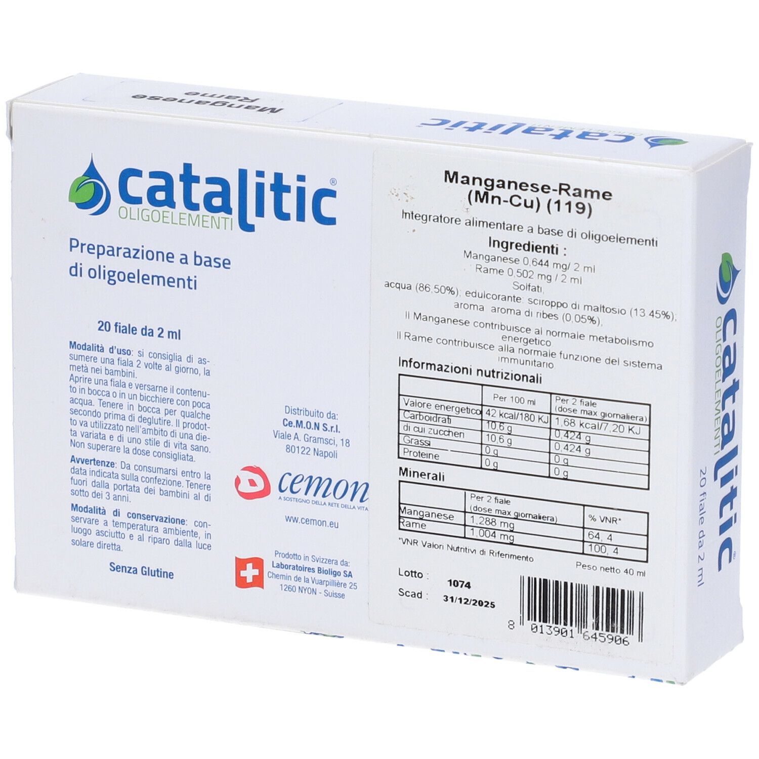 Weiße Schachtel, "catalitic" mit Inhaltsangaben. Enthält 20 Fläschchen. Marke: cemon. Text in italienischer Sprache.