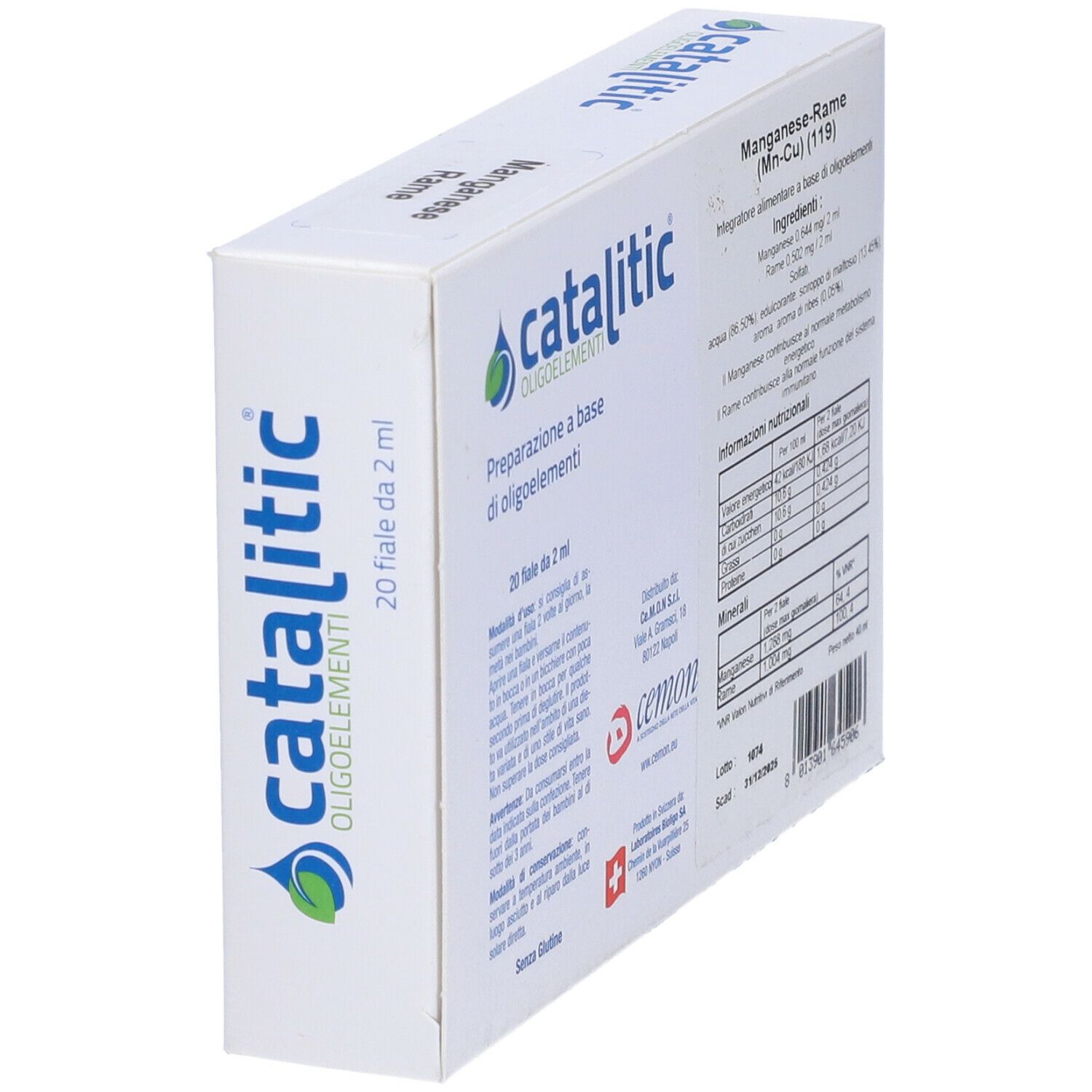Weiße Schachtel, "catalitic" mit Inhaltsangaben. Enthält 20 Fläschchen. Marke: cemon. Text in italienischer Sprache.