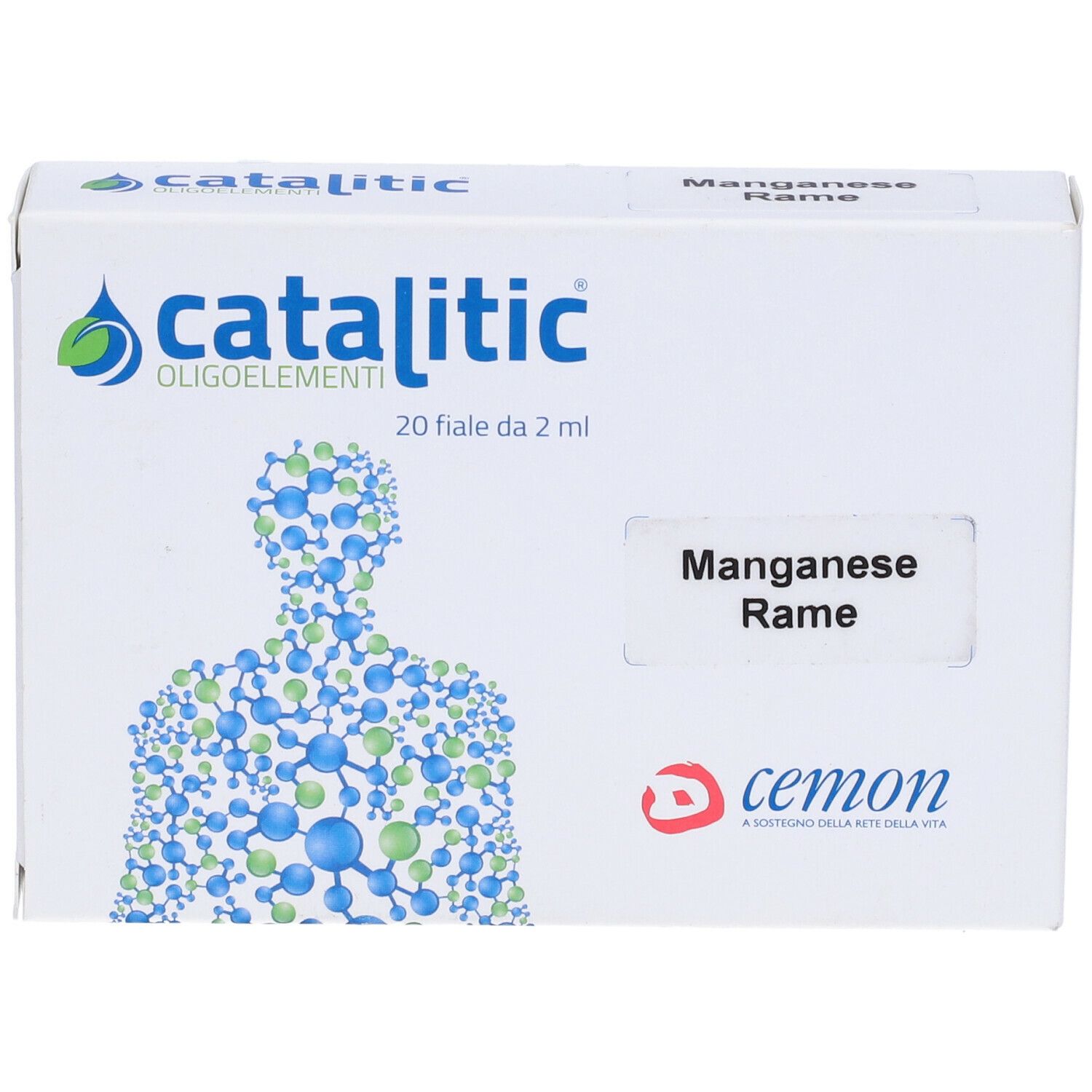 Weiße Schachtel mit "catalitic"-Logo und "Mangan Kupfer". Enthält 20 Fläschchen. Marke: cemon.