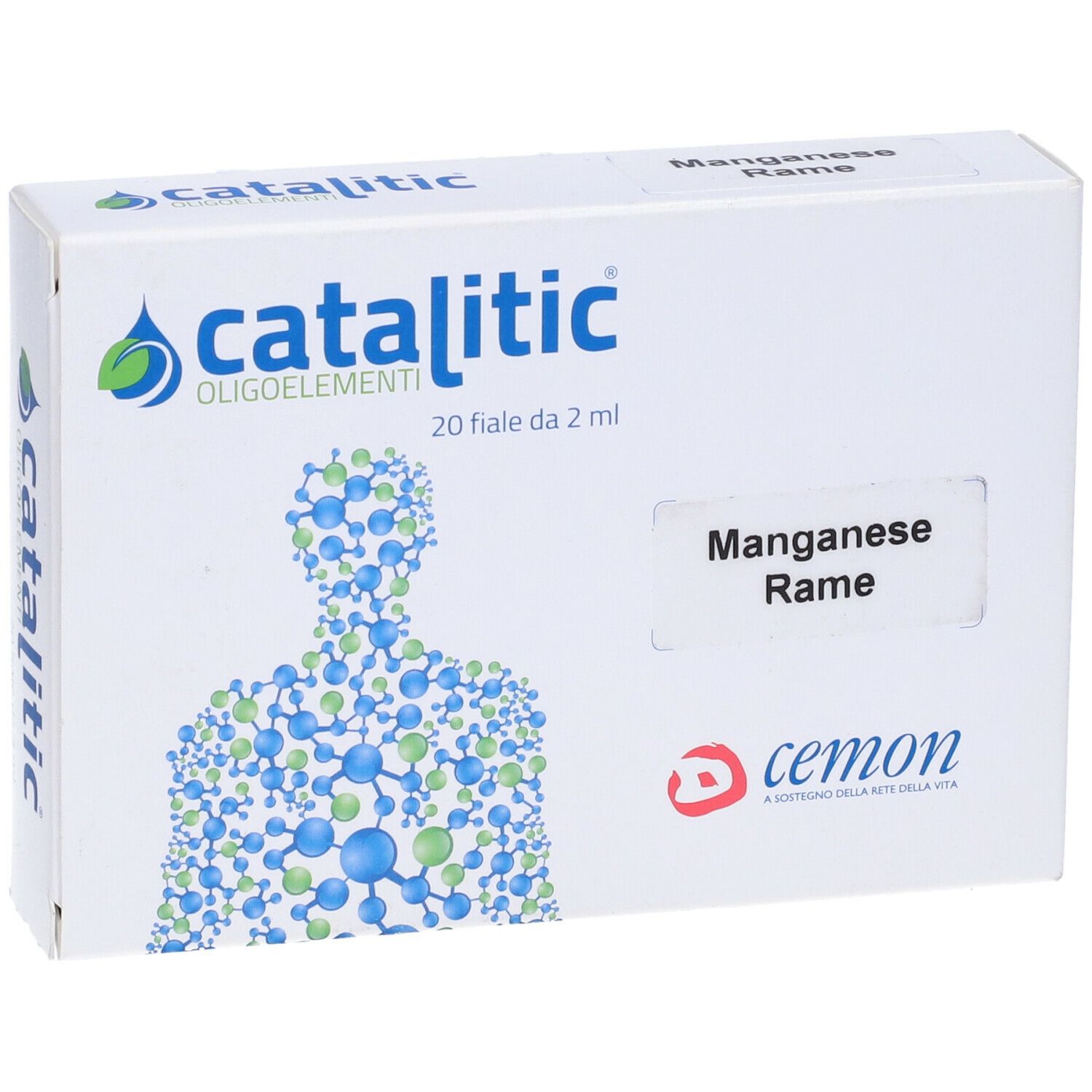 Weiße Schachtel mit "catalitic"-Logo und "Mangan Kupfer". Enthält 20 Fläschchen. Marke: cemon.