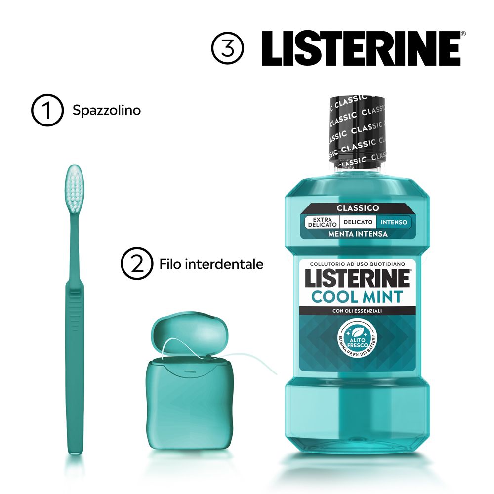 Listerine Cool Mint Mundspülung mit Zahnbürste und Zahnseide.