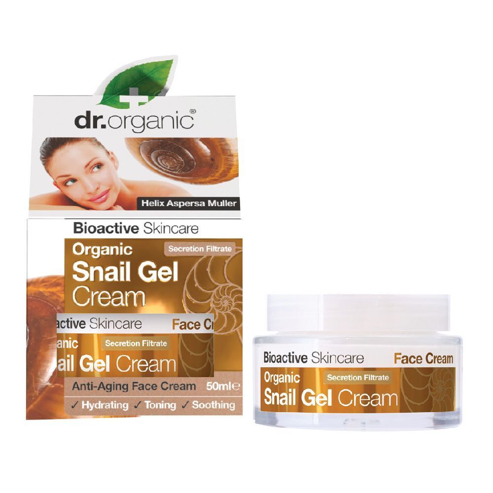 Creme-Tiegel und Verpackung. Aufschrift: Organic Snail Gel Cream. Marke: dr.organic. Mit Helix Aspersa Muller.