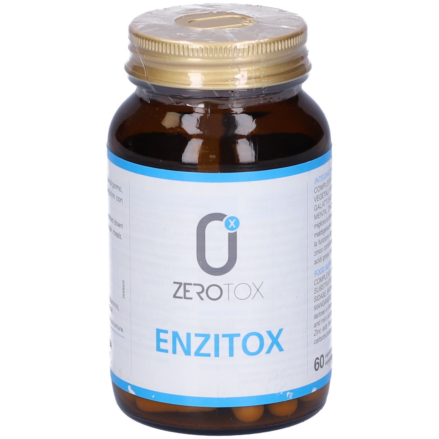 Flacon en verre brun avec couvercle doré. L'étiquette indique "ZEROTOX ENZITOX".