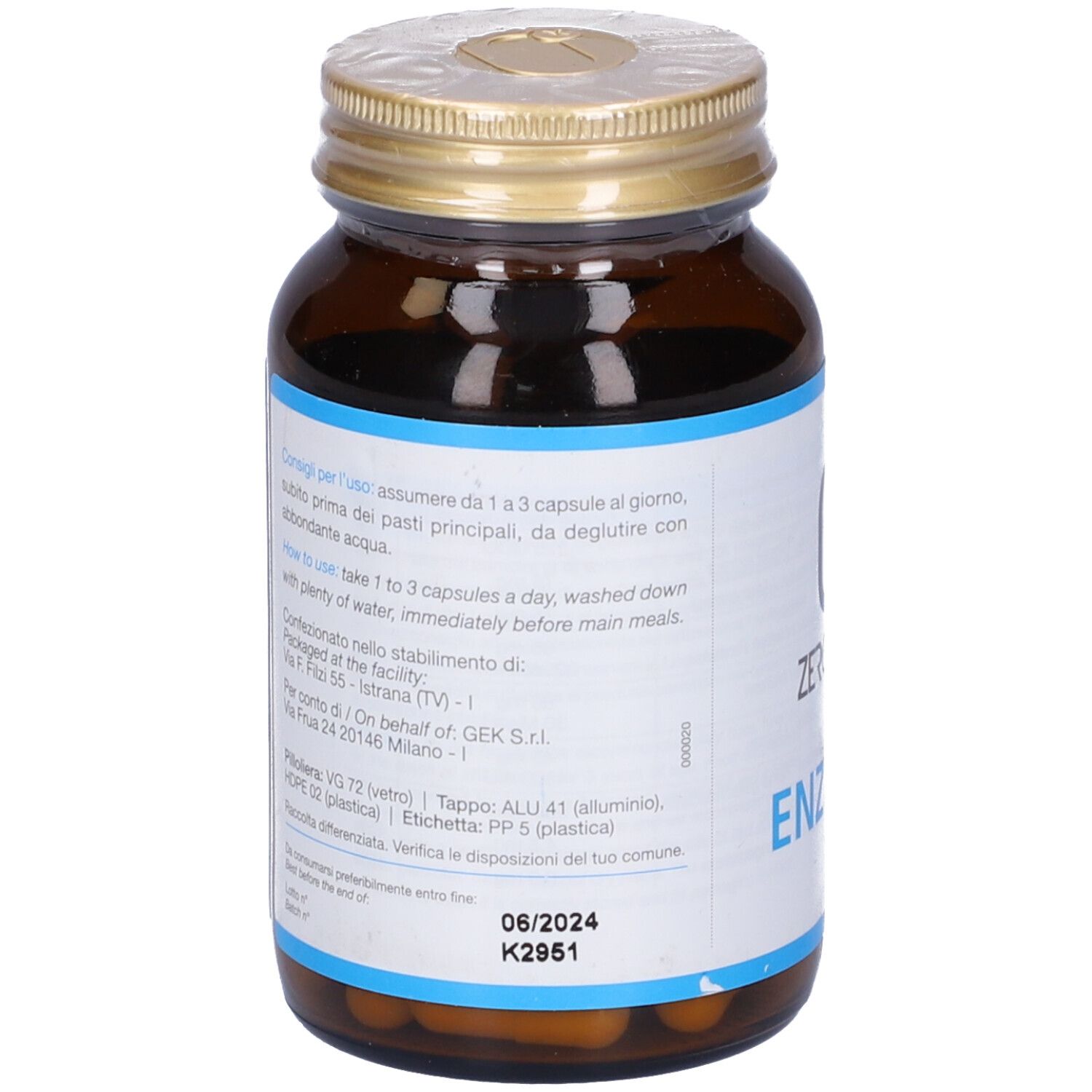 Flacon en verre brun avec couvercle doré. L'étiquette indique "ZEROTOX ENZITOX".