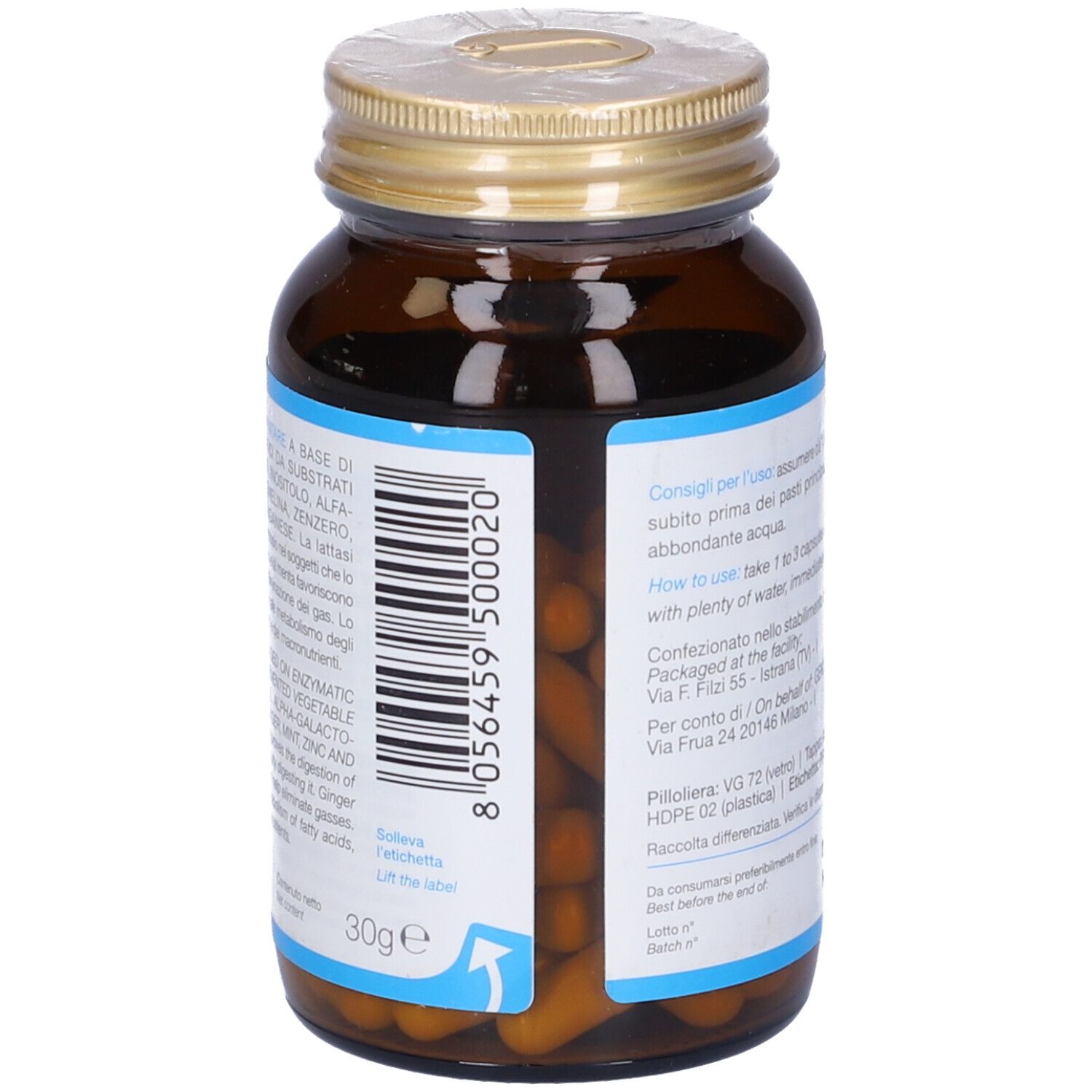 Flacon en verre brun avec couvercle doré. L'étiquette indique "ZEROTOX ENZITOX".