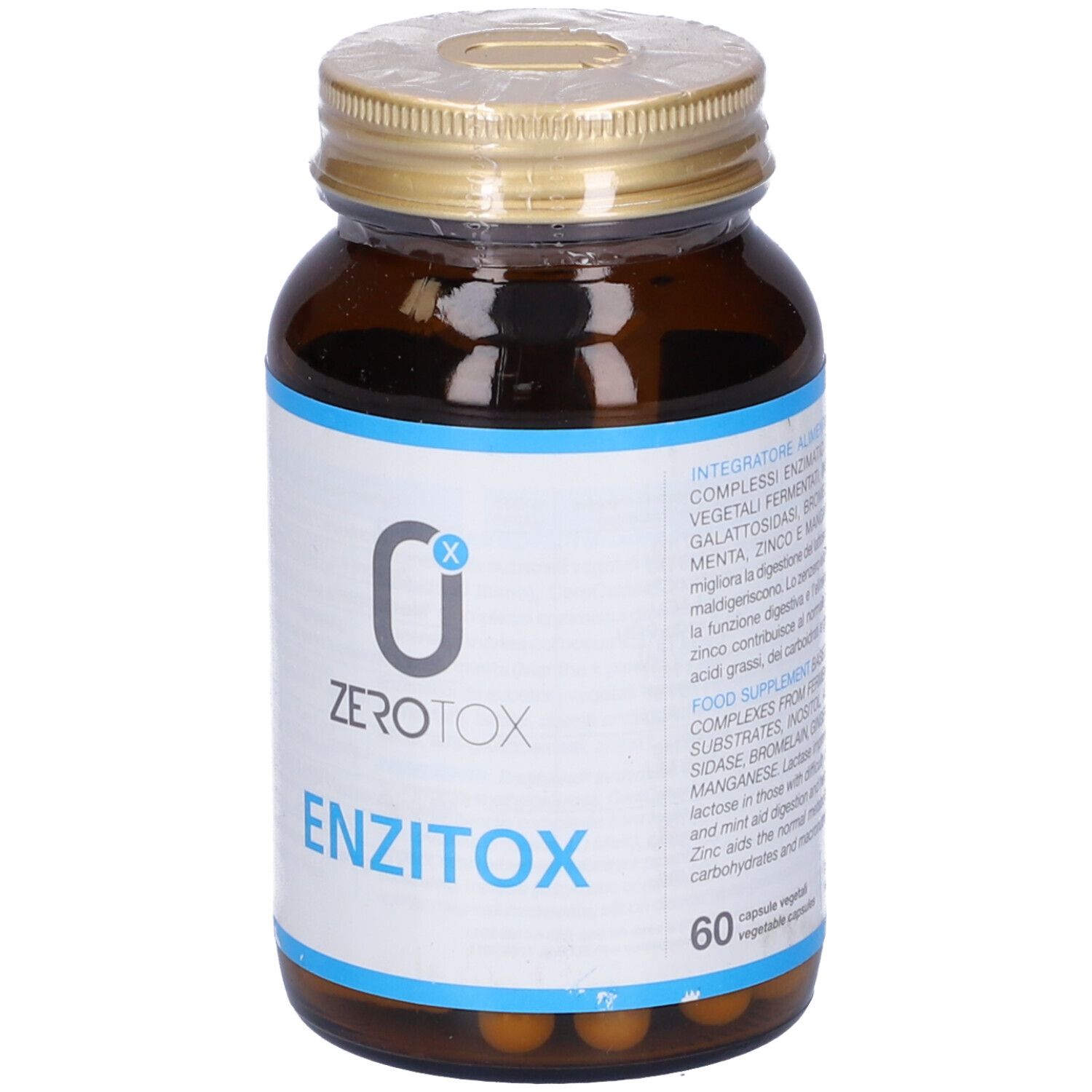 Flacon en verre brun avec couvercle doré. L'étiquette indique "ZEROTOX ENZITOX".